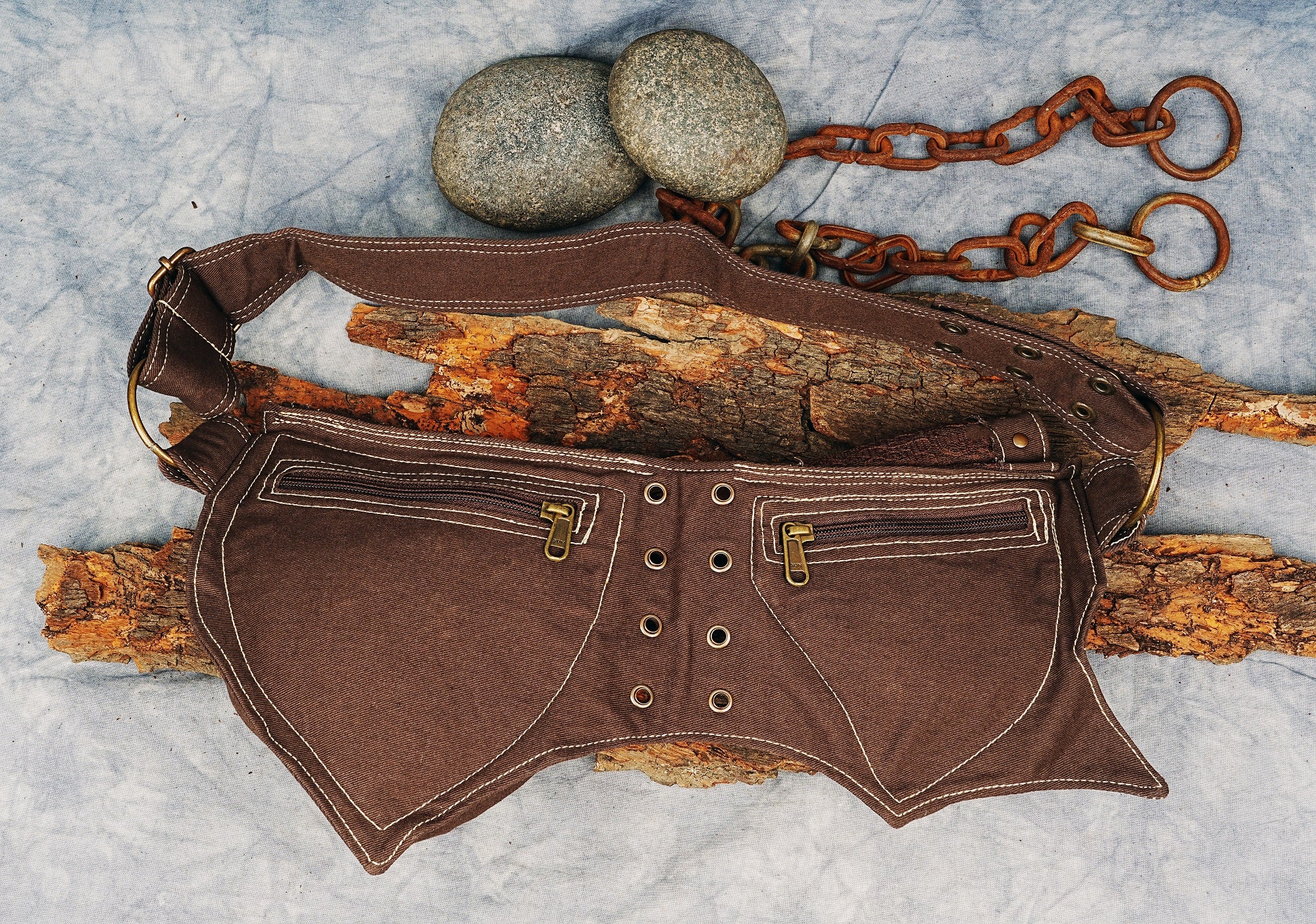 DARK BROWN Cotton Waist Bag ||  Handmade || Multi Pockets || One Belt Pouch Free