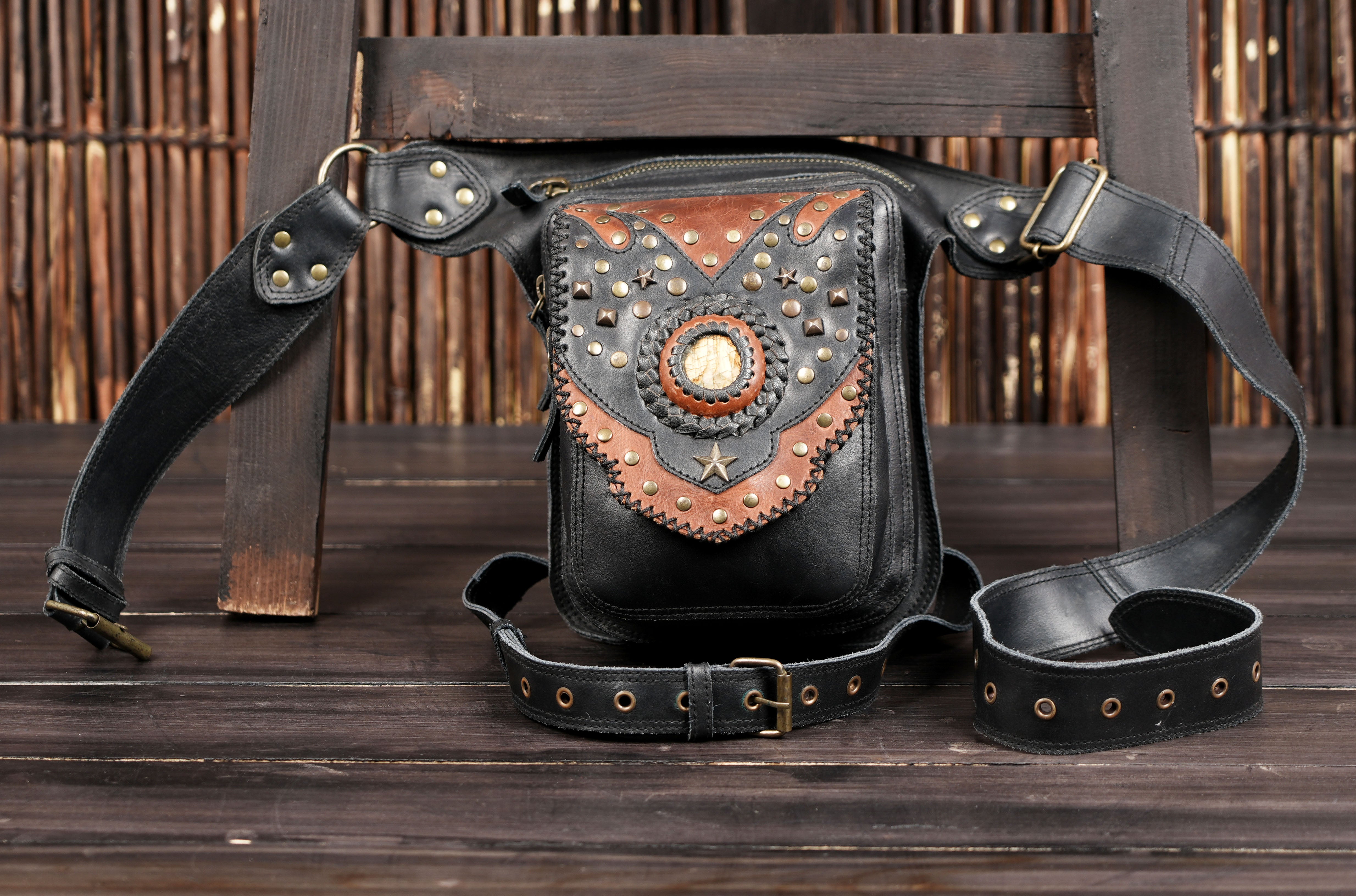 Black leather waist thigh belt for festivals and lifestyle wear