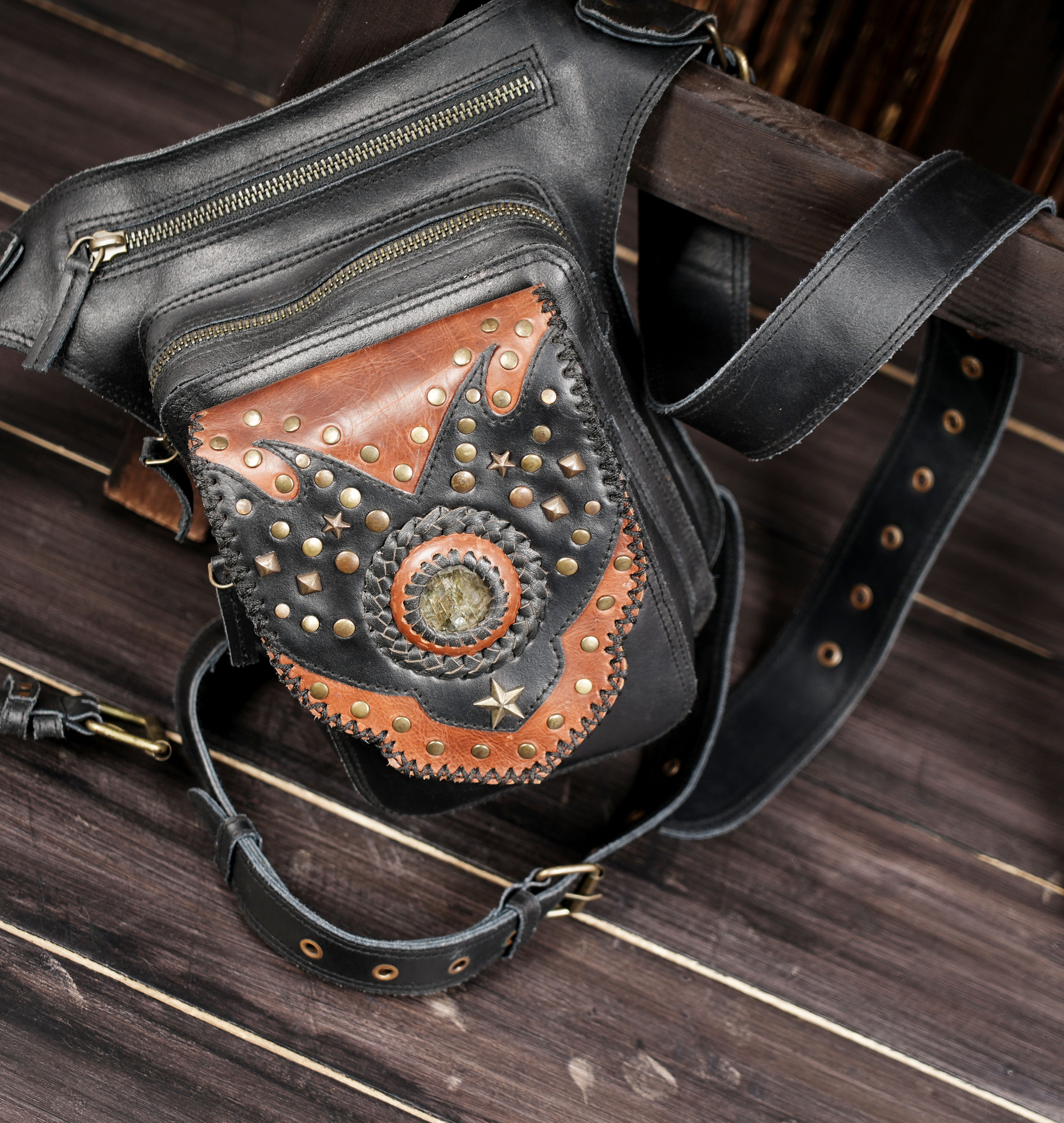 Leather waist harness belt with zippered utility pouch