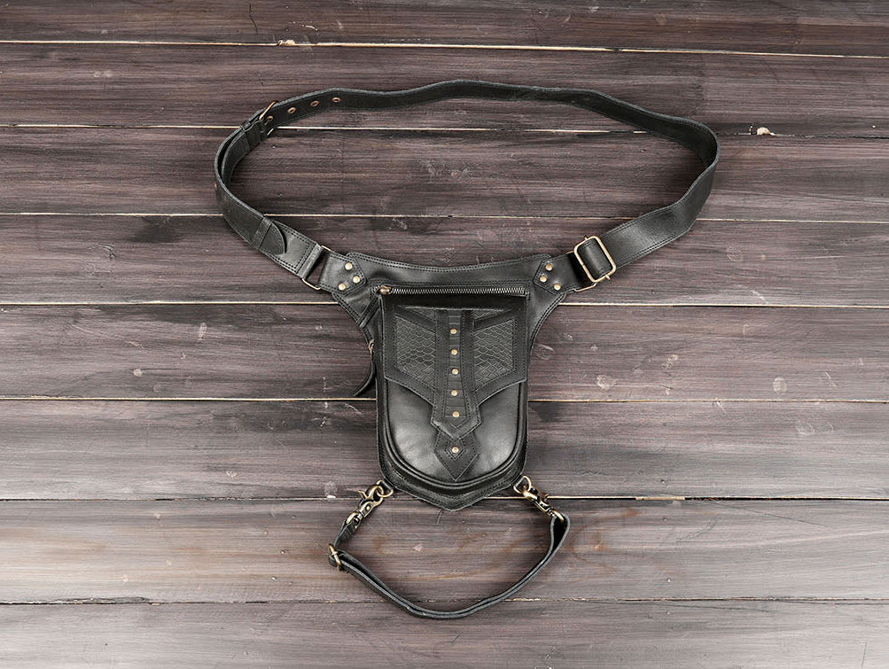 Black leather waist thigh belt with adjustable utility pouch