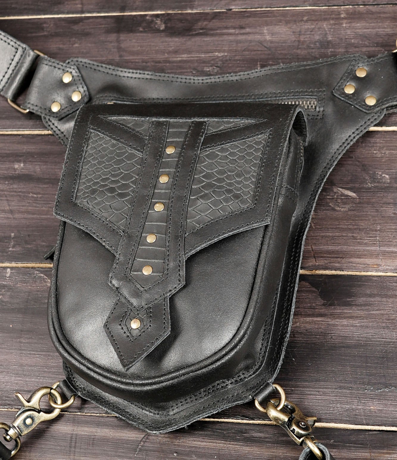 Handmade leather waist and thigh belt with front storage pocket