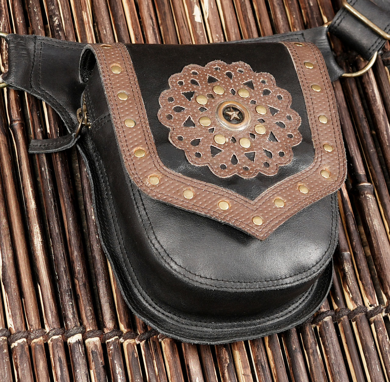 Handmade leather utility waist belt with decorative flap design