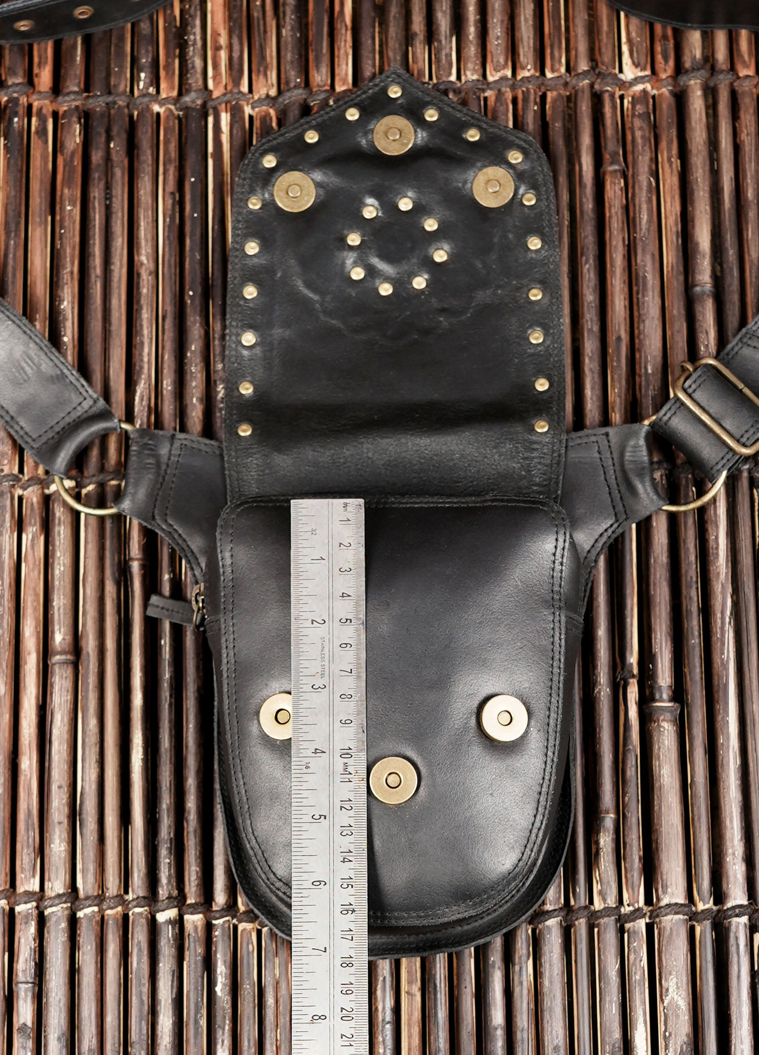 Boho leather waist belt with pouch and metal stud accents