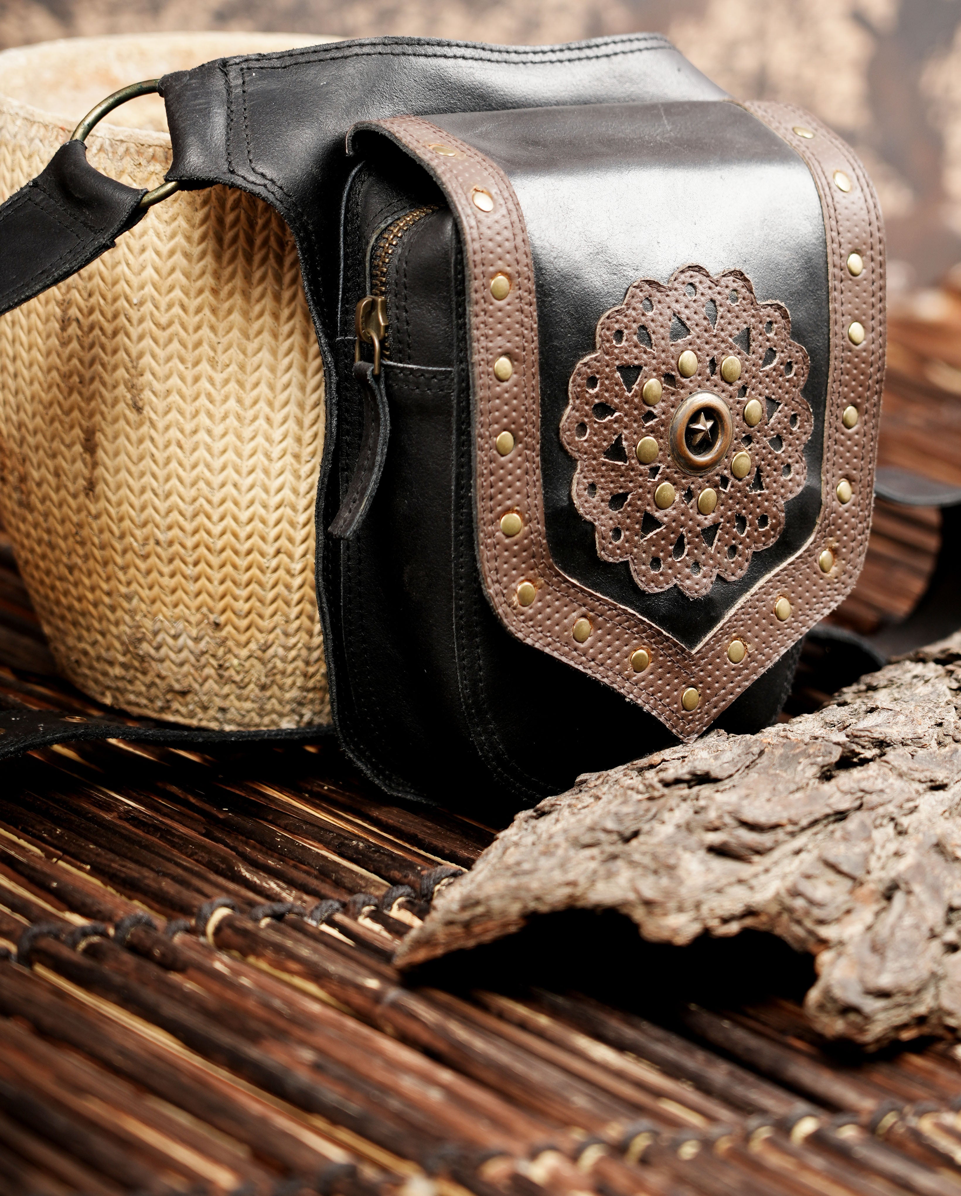 Leather waist belt bag with rustic handcrafted finish