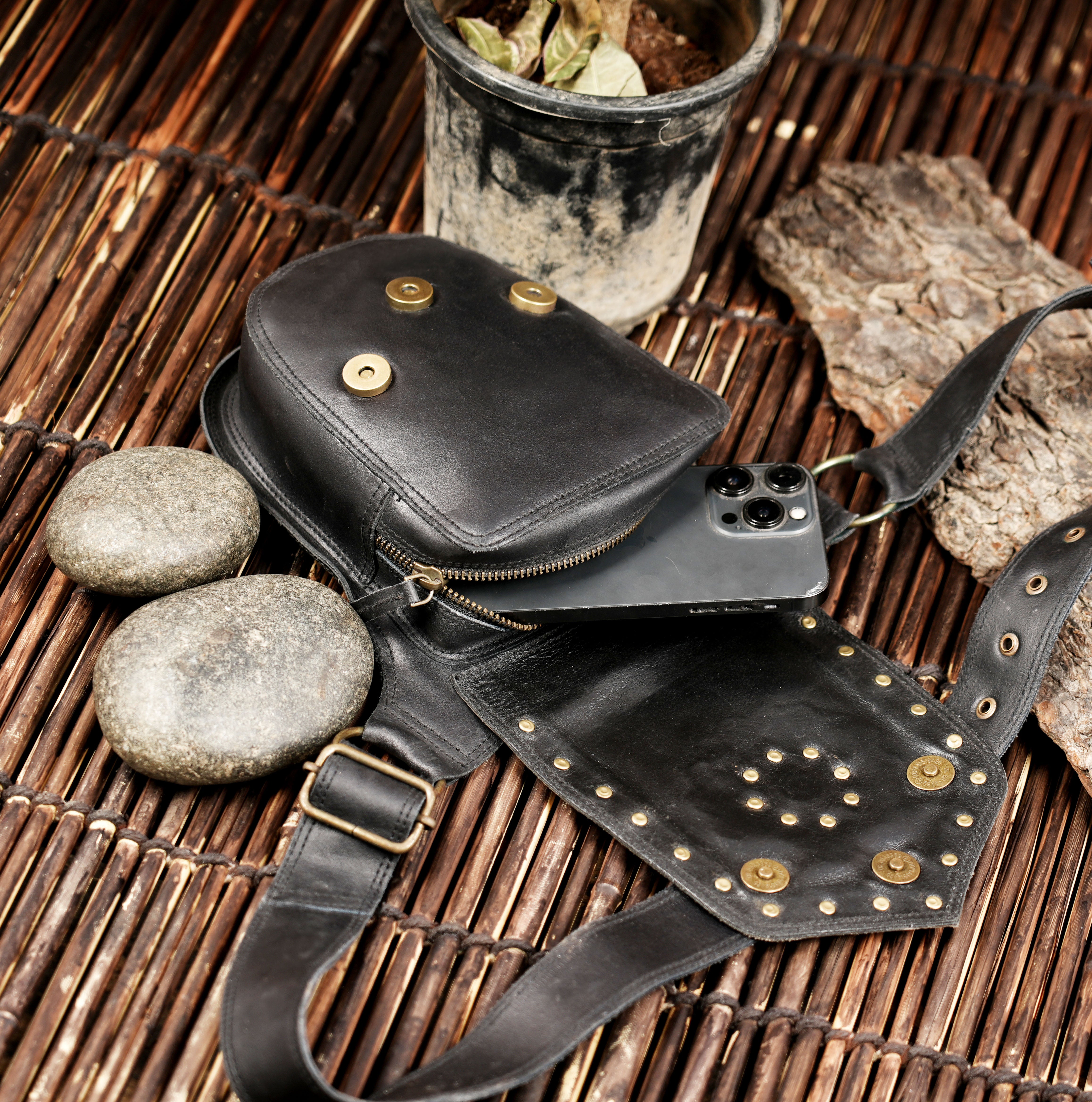 Hand-stitched leather waist belt with secure pocket