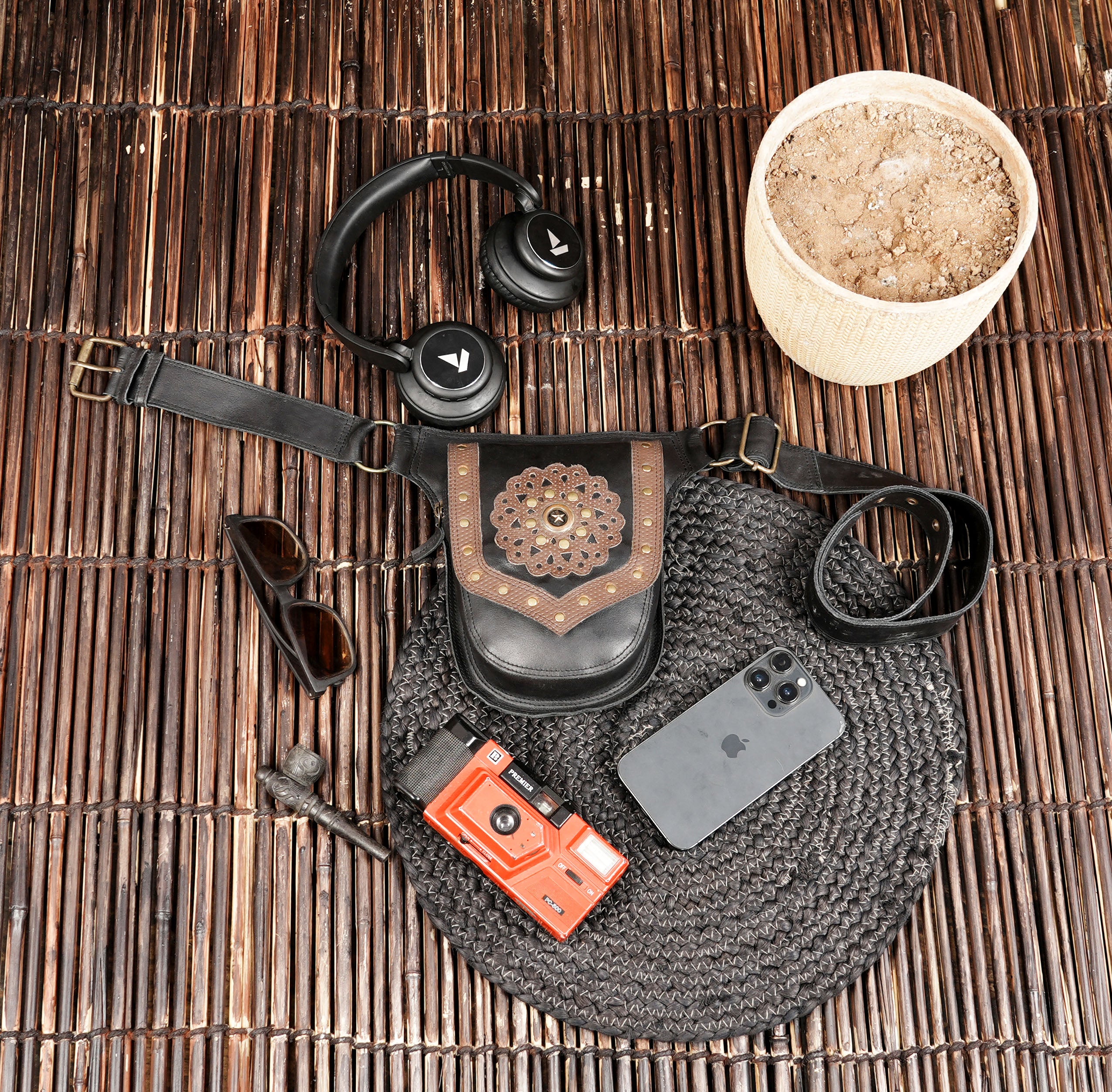 Minimal leather waist belt with artisan stud work