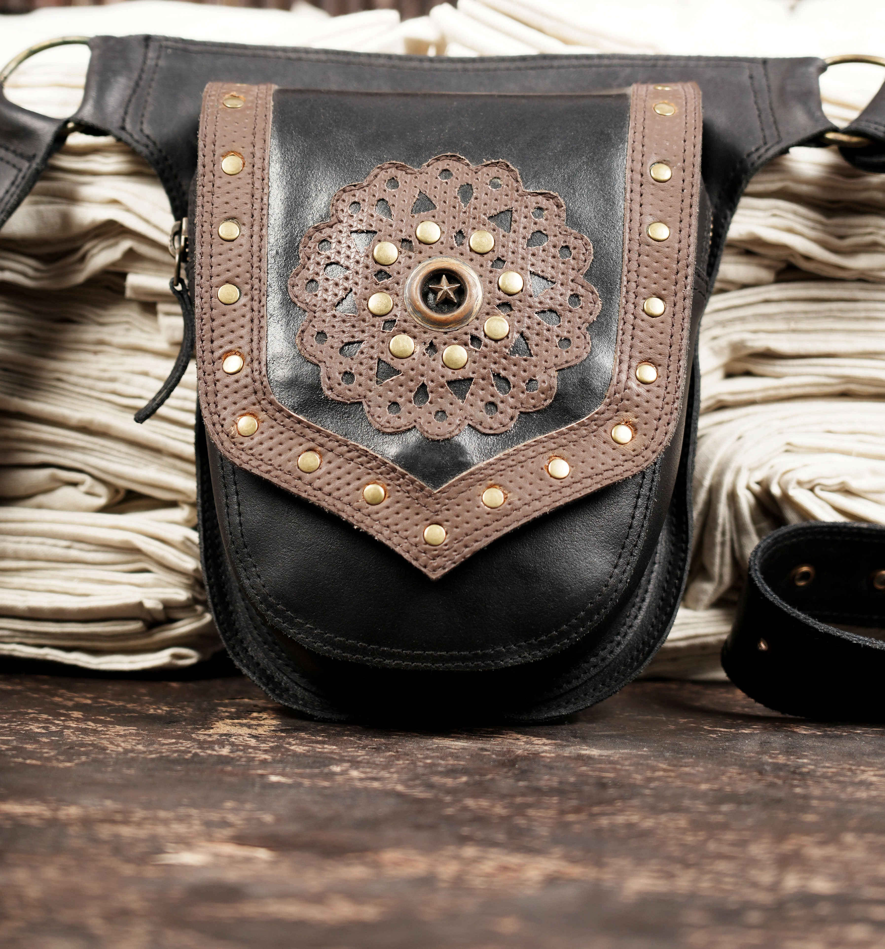 Black leather belt pouch with brass details
