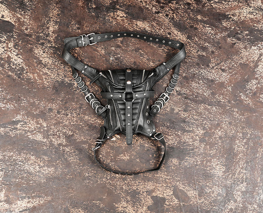 Black leather waist thigh belt with zippered front pouch and metal rings