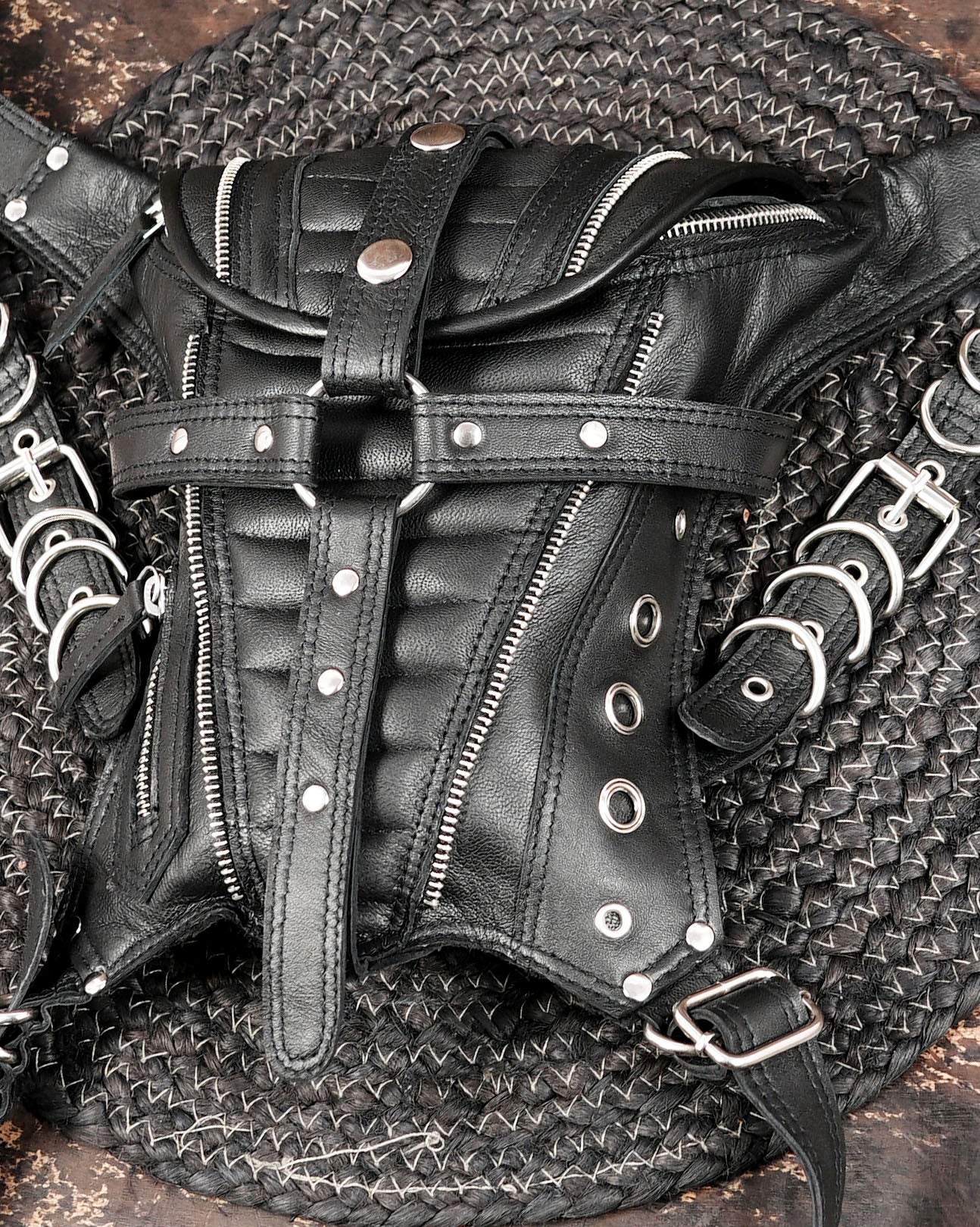 Gothic leather waist and leg belt with zipper details and rivets