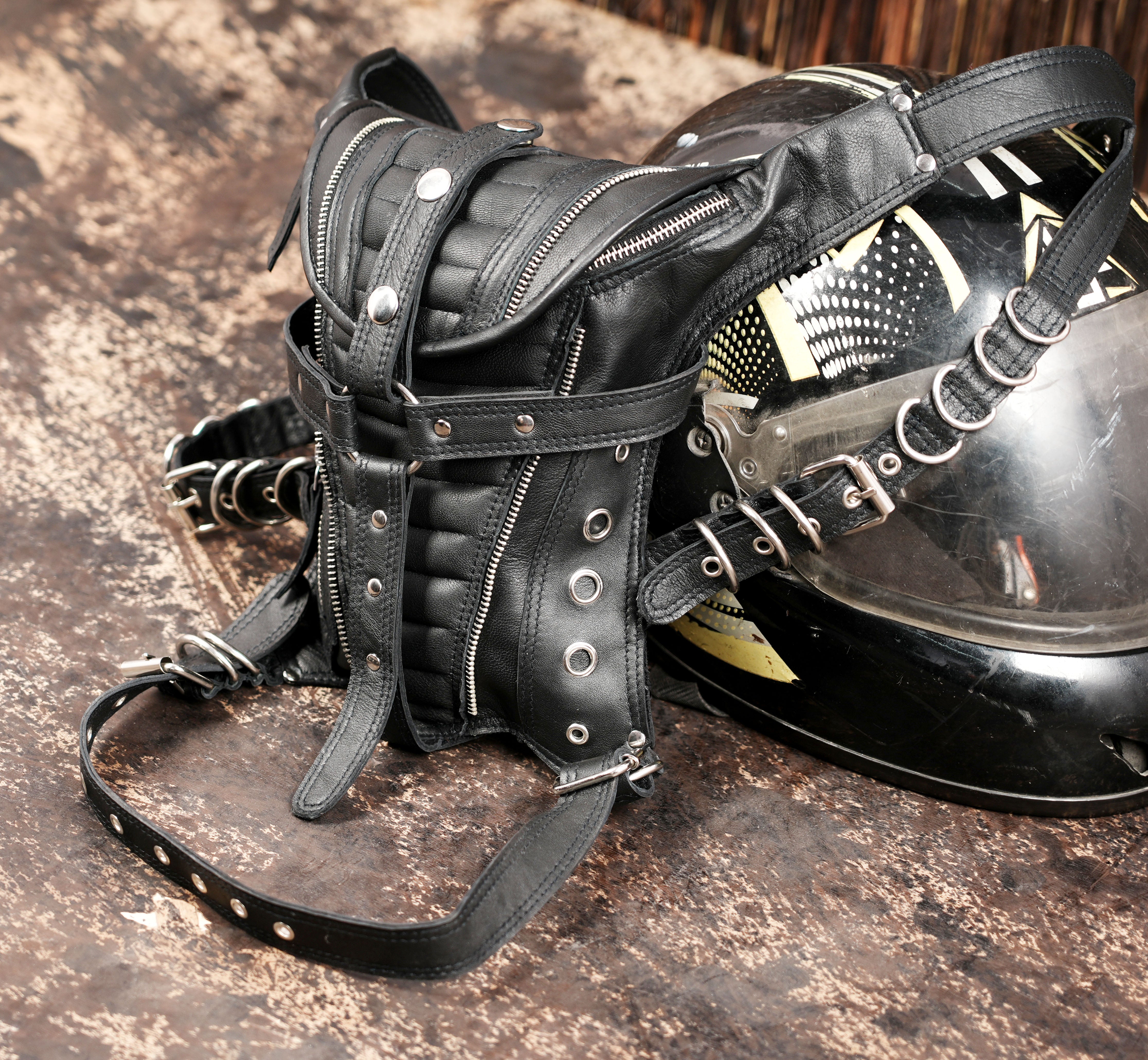 Black leather waist thigh harness with secure zip pockets