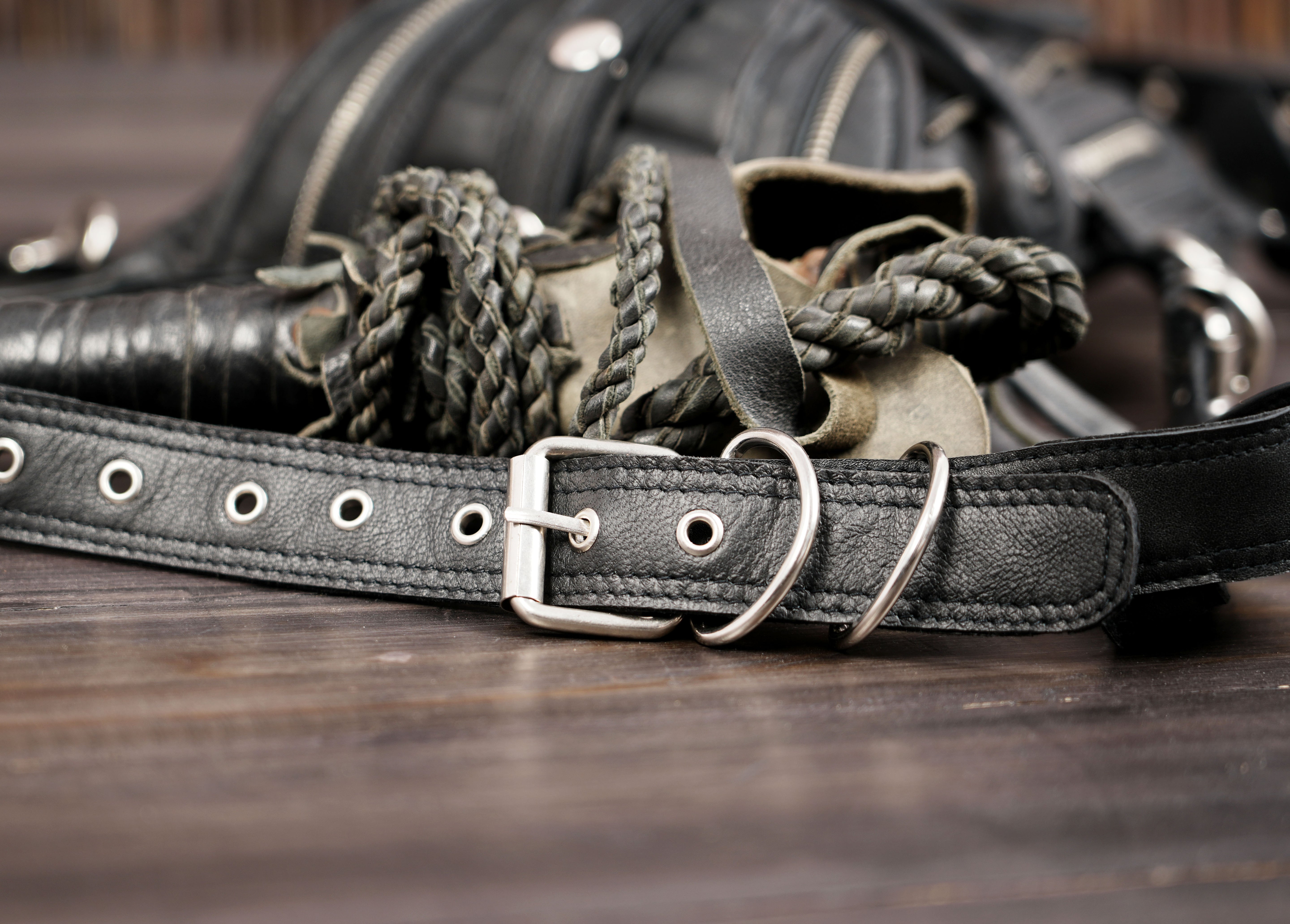 Festival leather thigh belt with adjustable fit and metal hardware