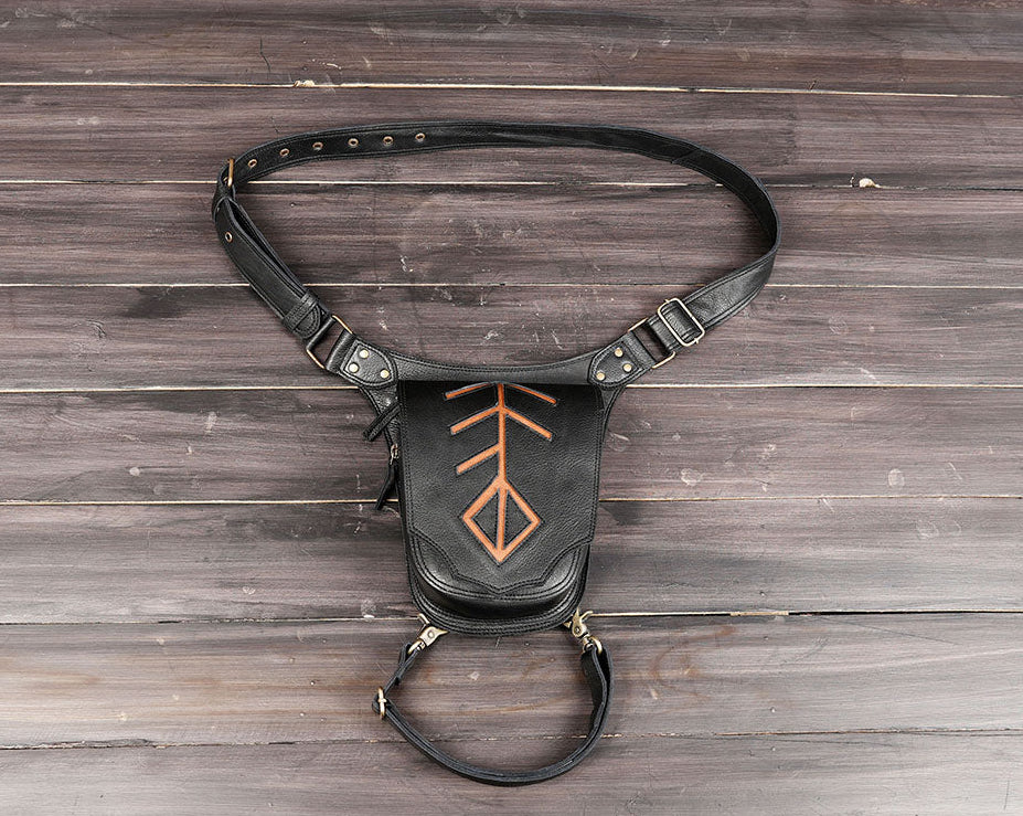Handcrafted leather waist belt with thigh strap and geometric design
