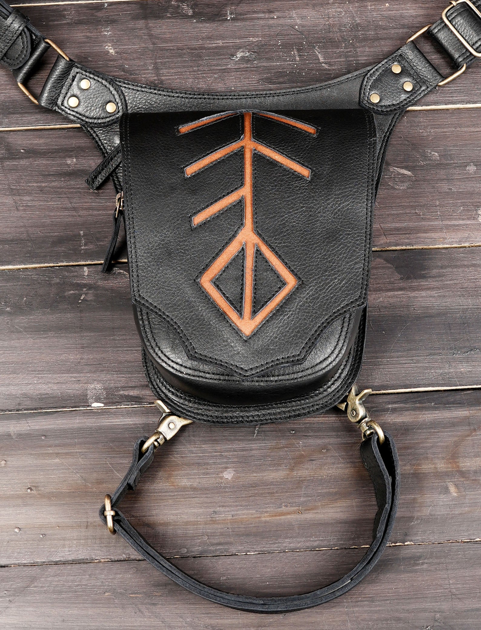 Black leather waist thigh belt with adjustable buckle and pouch