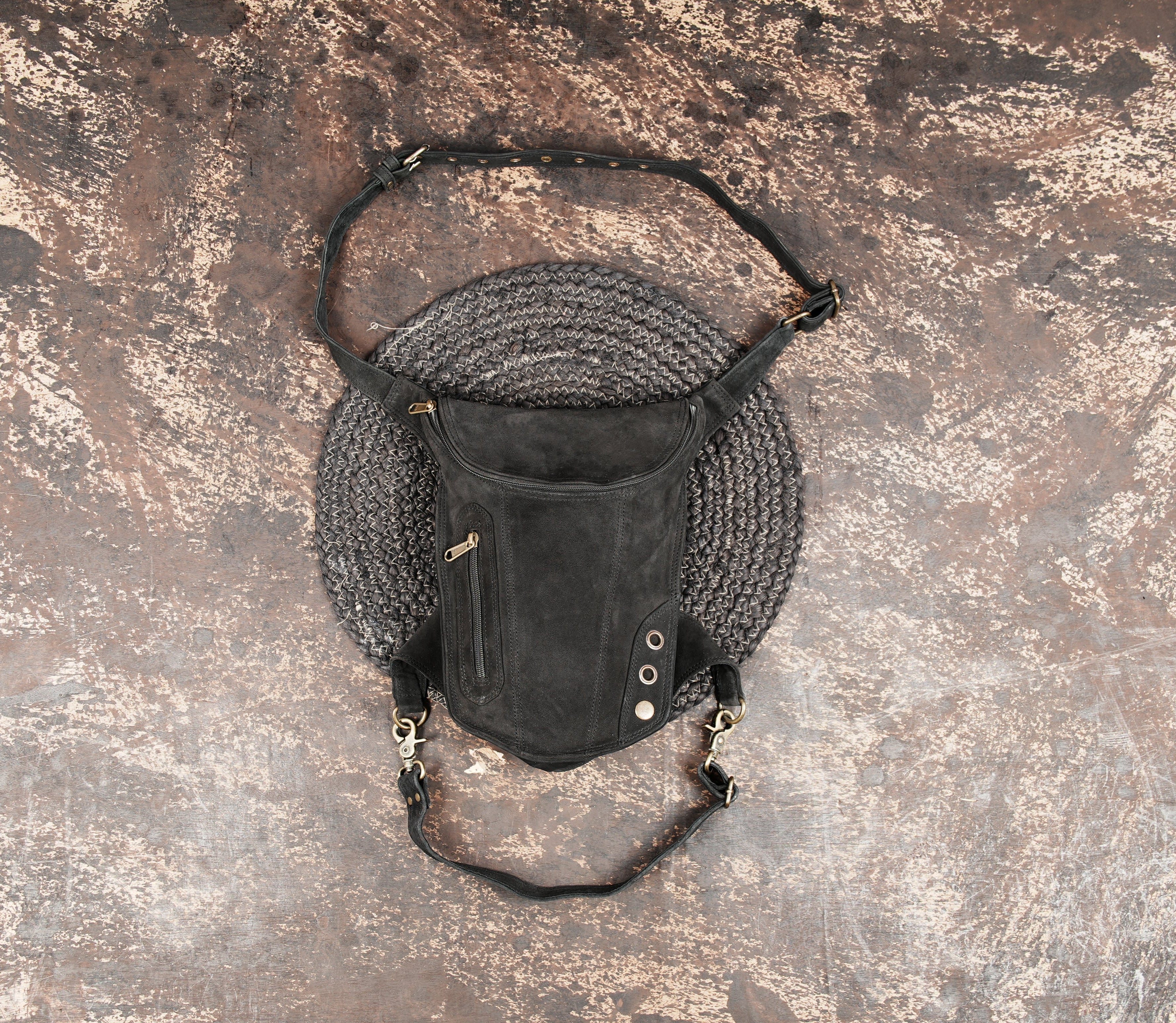 Handcrafted black leather waist thigh belt with utility pouch