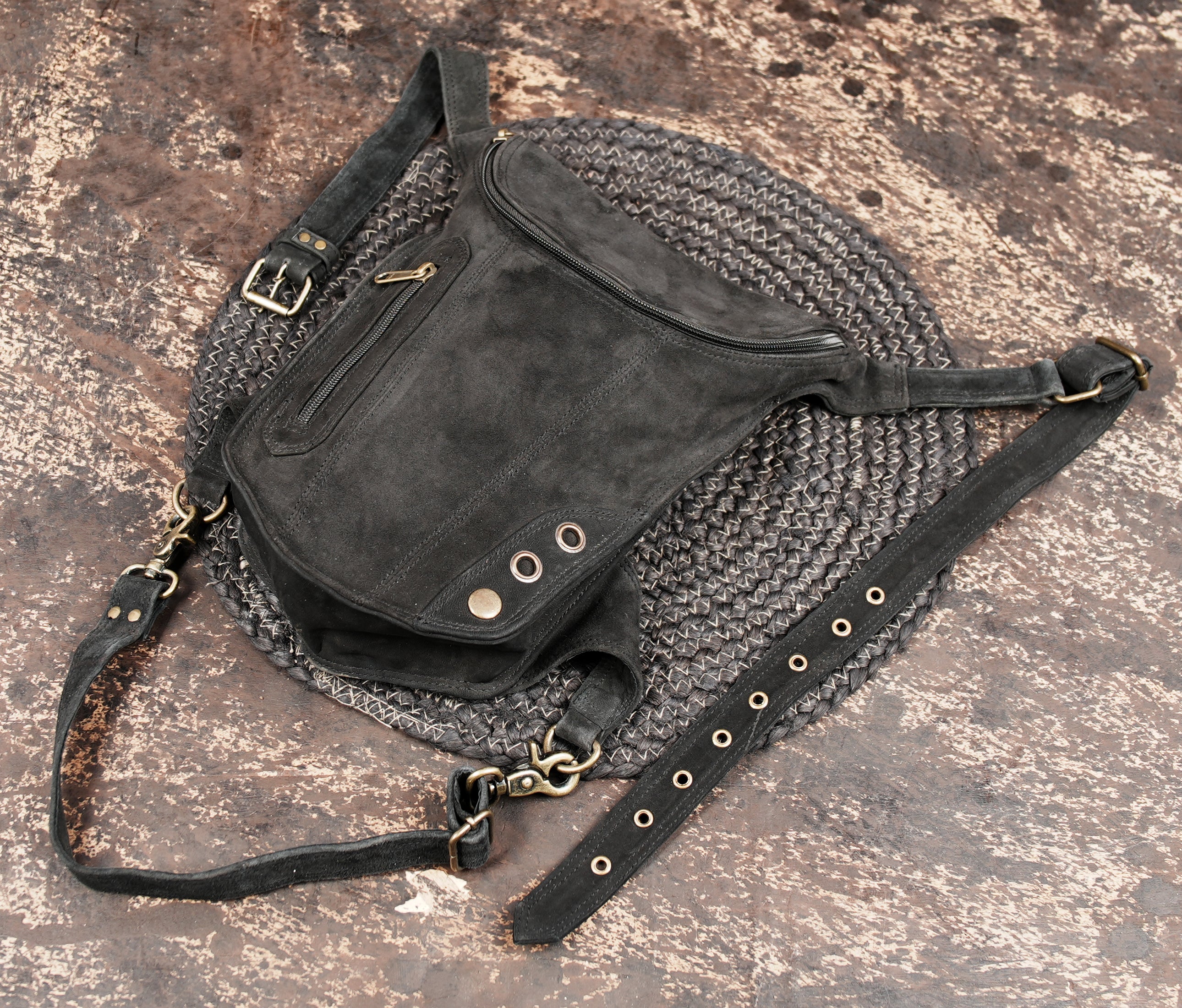 Artisan leather waist thigh belt with secure zipper closure