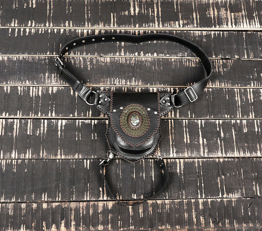 Black leather waist thigh belt with gemstone pouch and adjustable straps