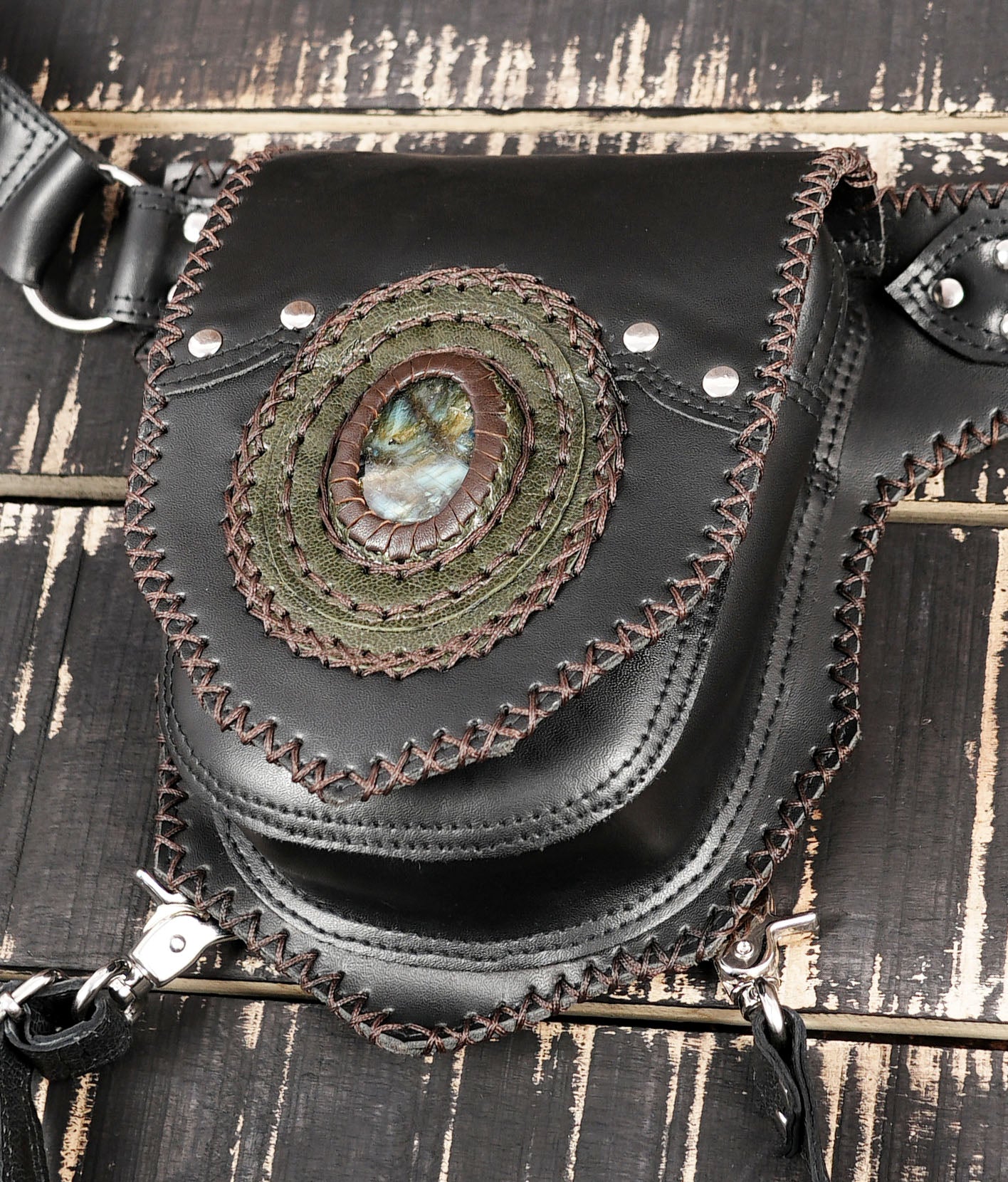 Genuine leather waist thigh holster with decorative stone inlay