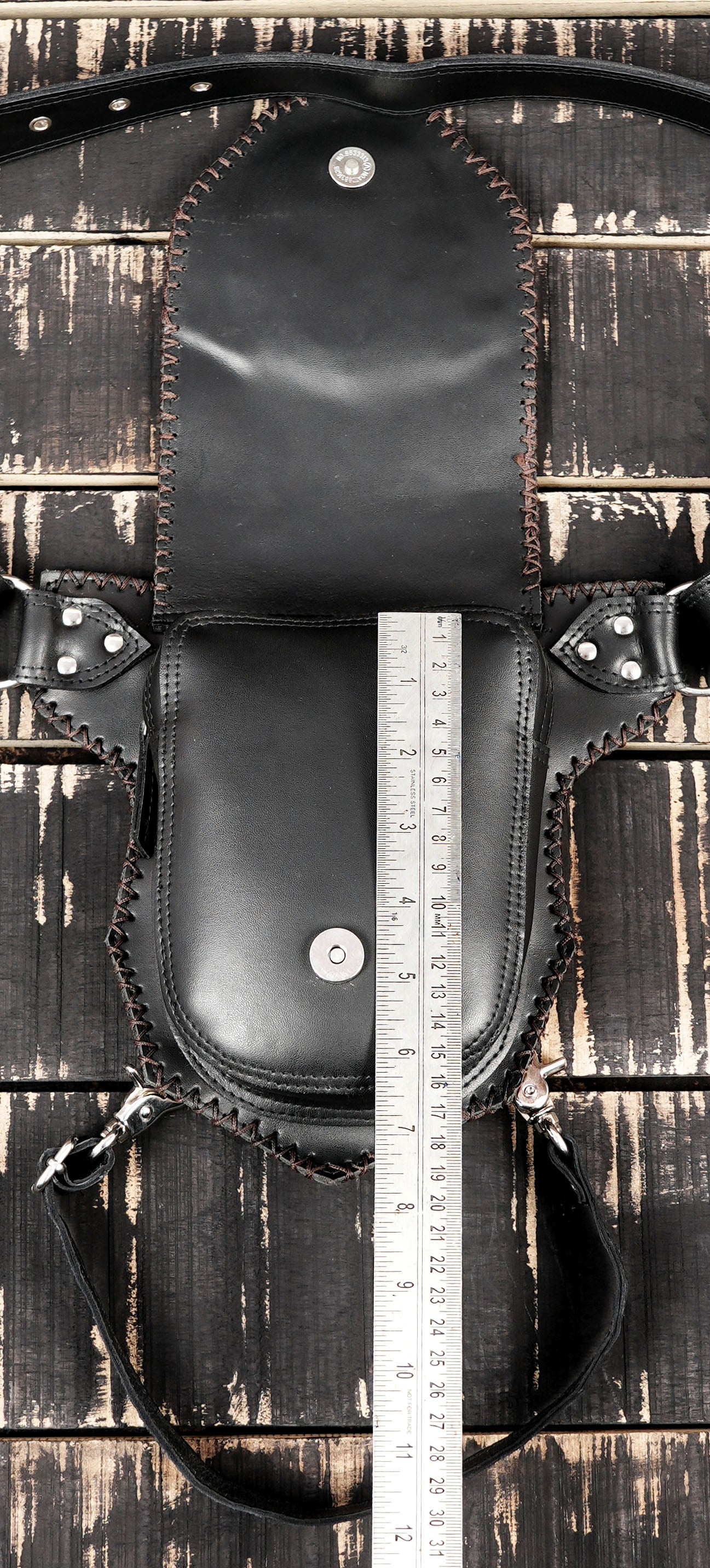 Leather waist leg belt with stitched gemstone centerpiece