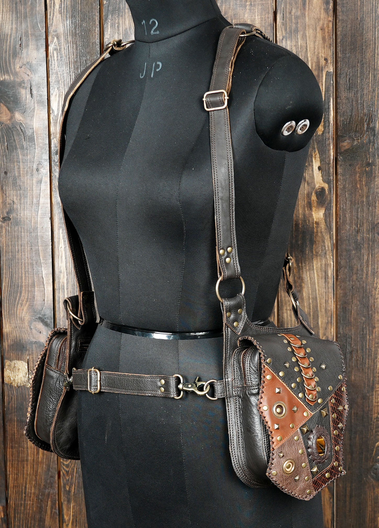 Bohemian Leather Holster Harness with Dual Storage Pouches & Metal Hardware