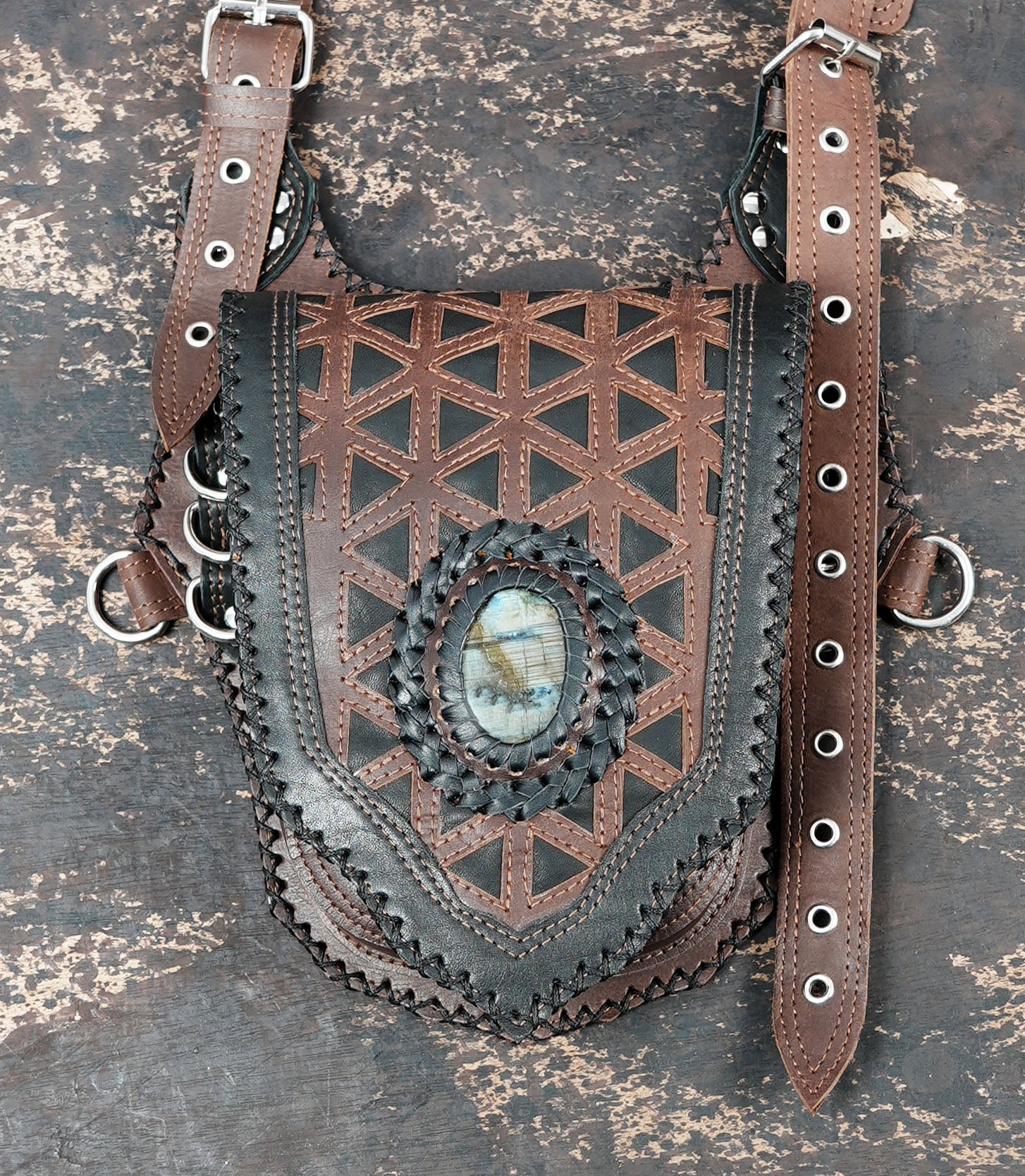 Artisan leather body holster with geometric pattern and natural stones