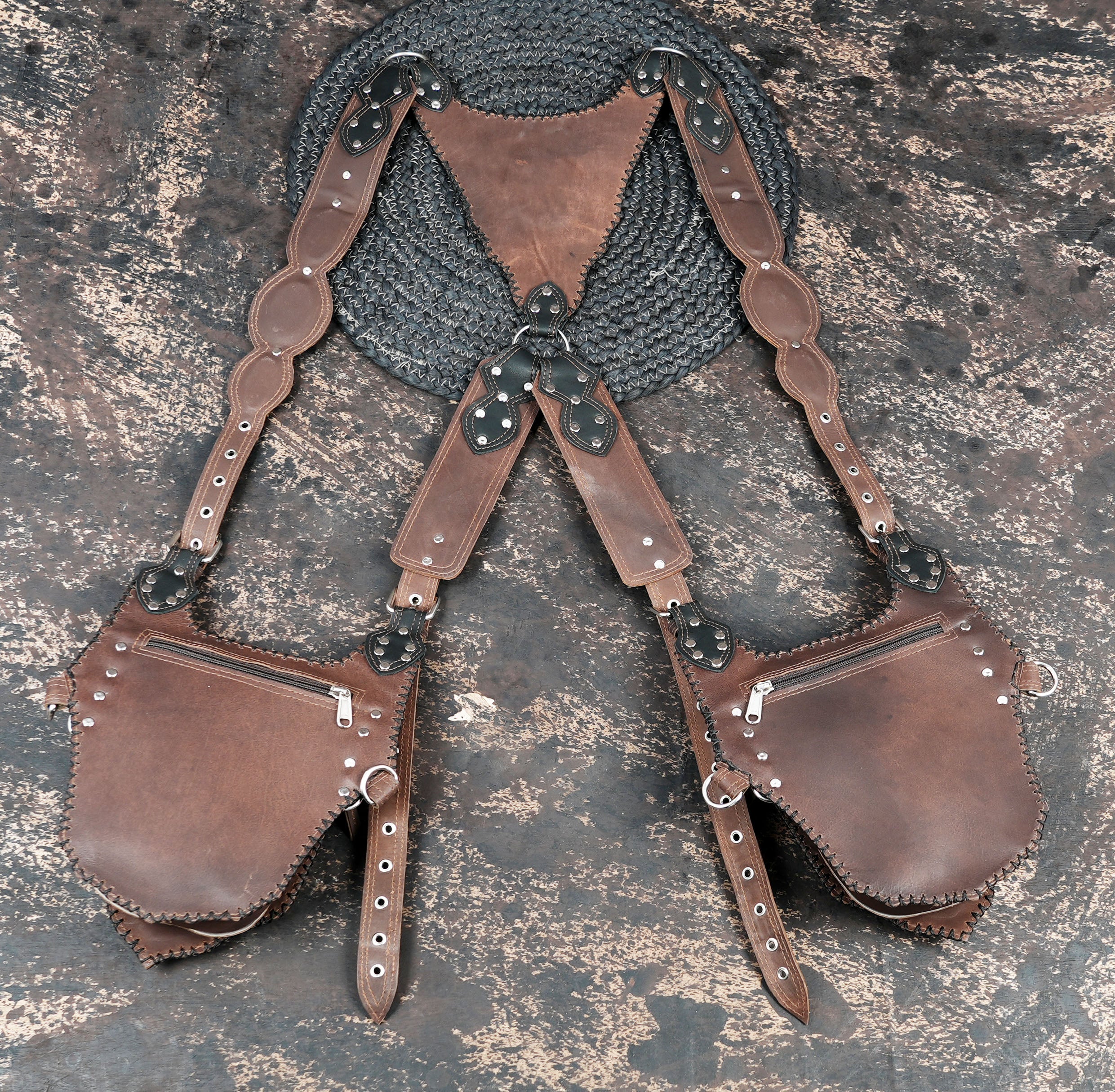 Handmade leather holster bag with tribal geometric design