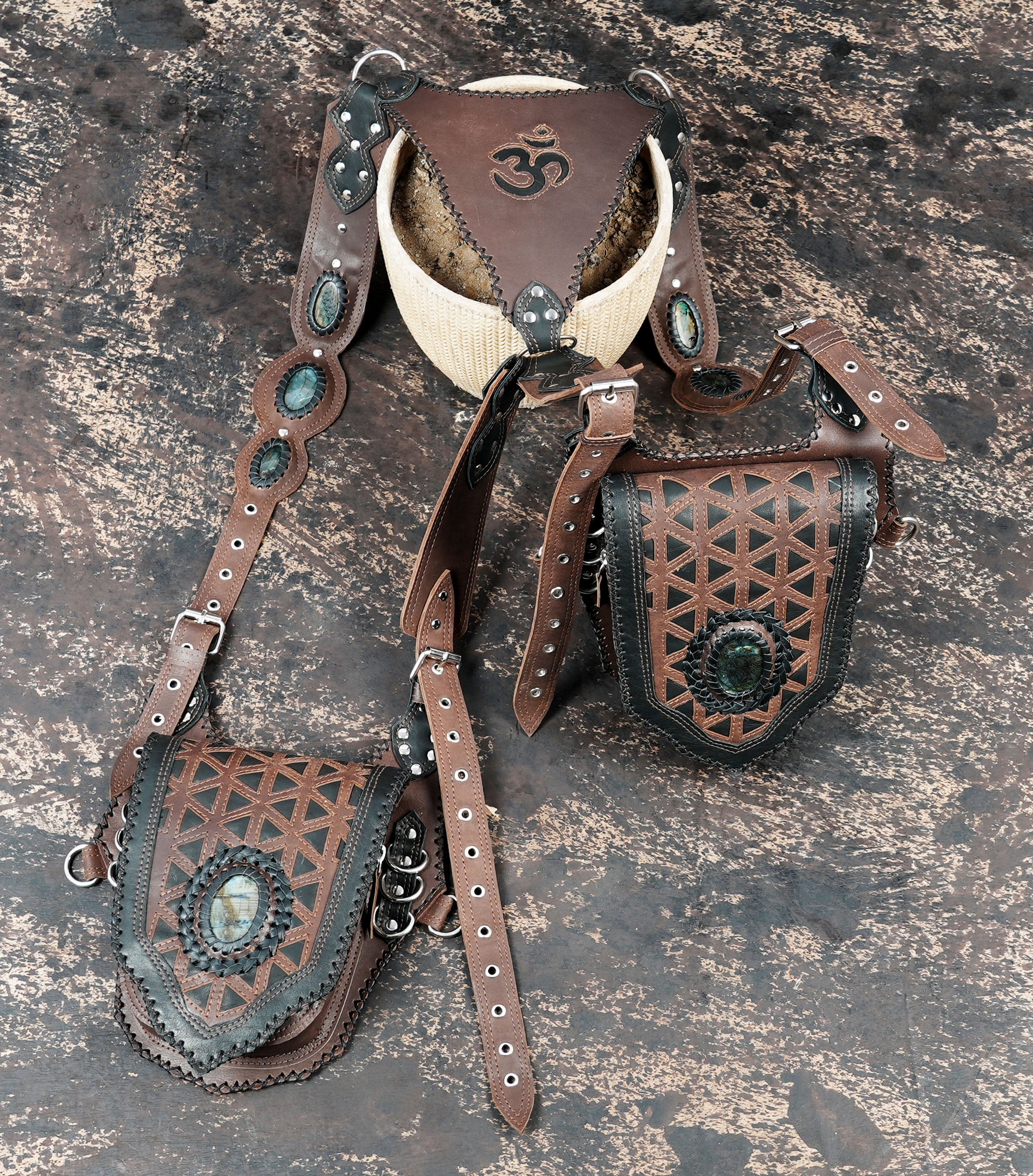Bohemian leather holster bag featuring hand engraving and natural stones