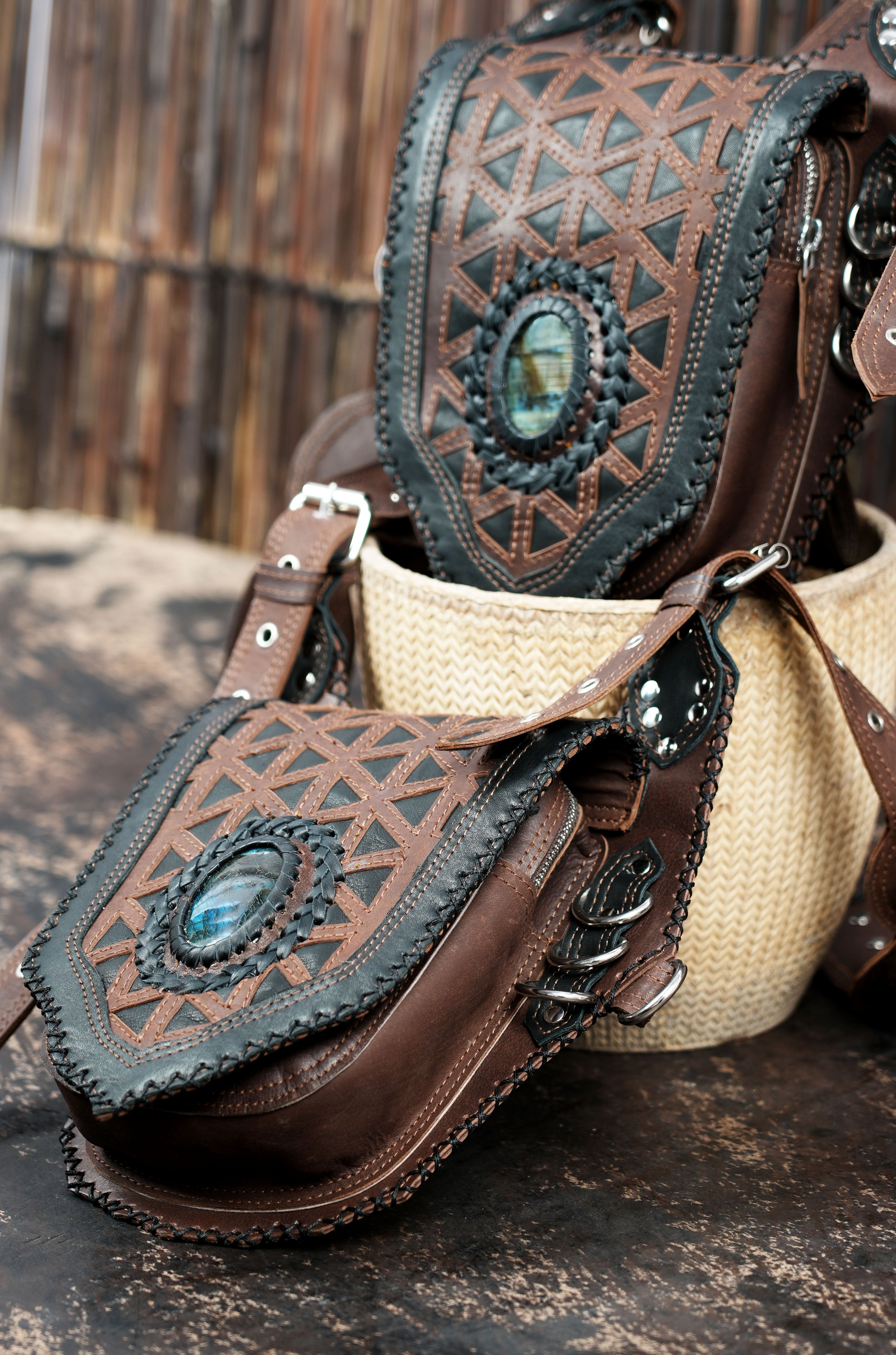 Boho style leather holster bag with hand-stitched details and gemstones