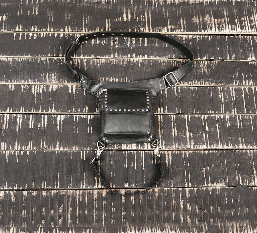 Black leather waist thigh belt with zippered pouch and adjustable straps
