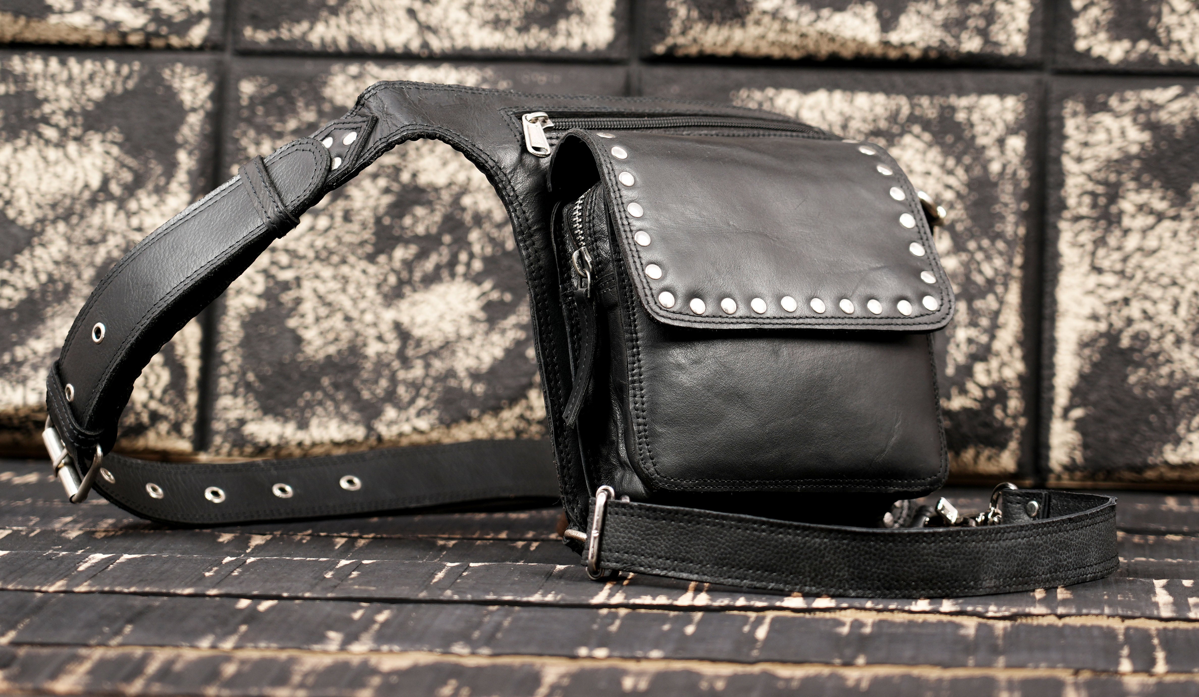 Handcrafted leather waist belt with thigh pouch attachment