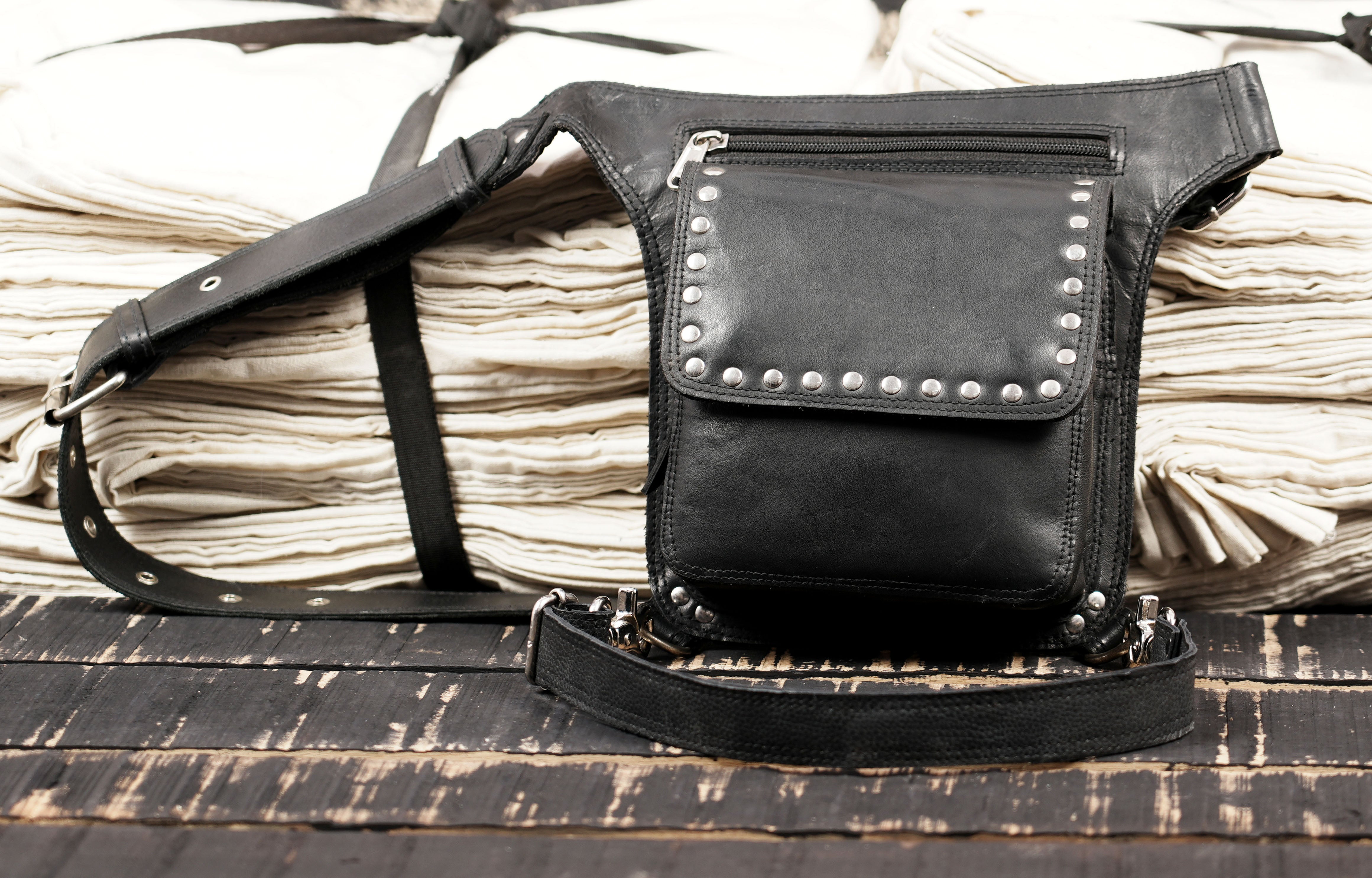 Leather waist and leg belt with functional storage pouch