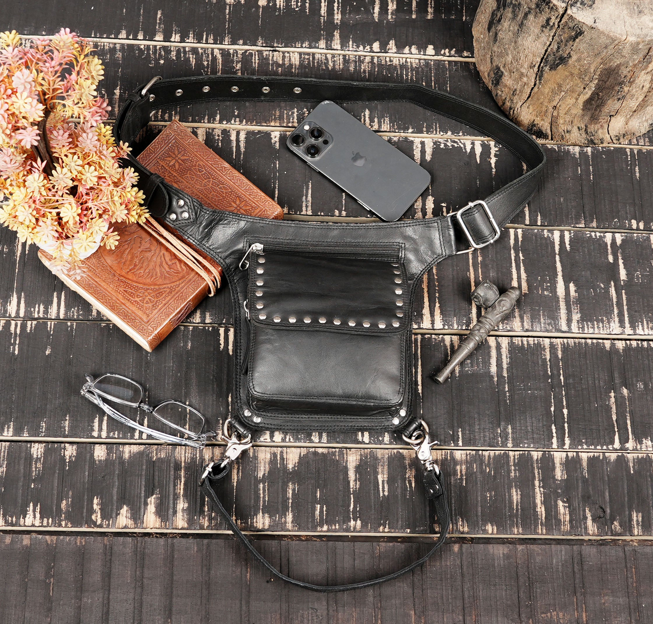 Adjustable leather thigh harness with waist support belt