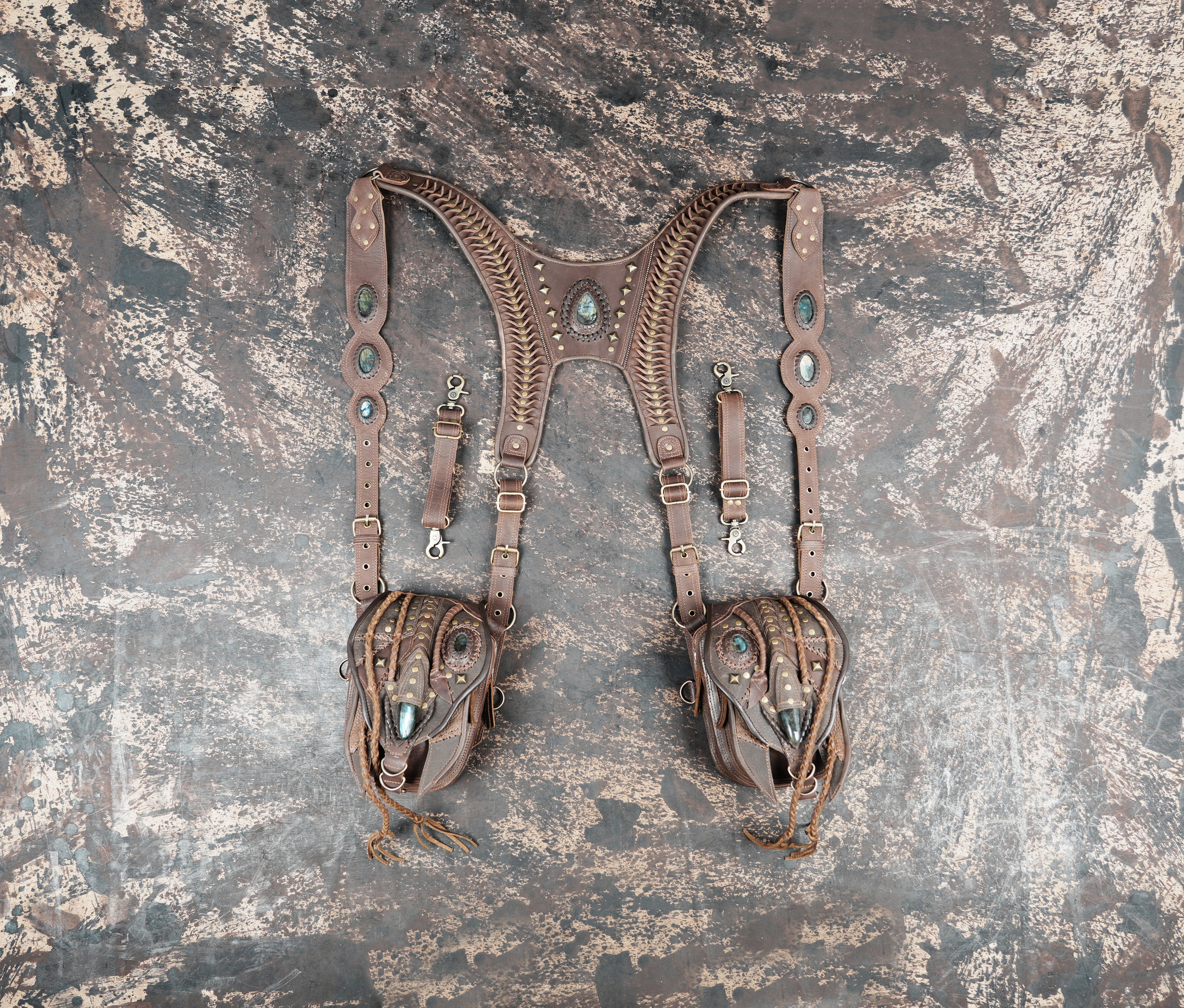 Handcrafted Leather Shoulder Holster with Dual Utility Pouches || Tribal Style Leather Shoulder Holster with Stone and Braided Detail (LT/AB/HLS/6158)