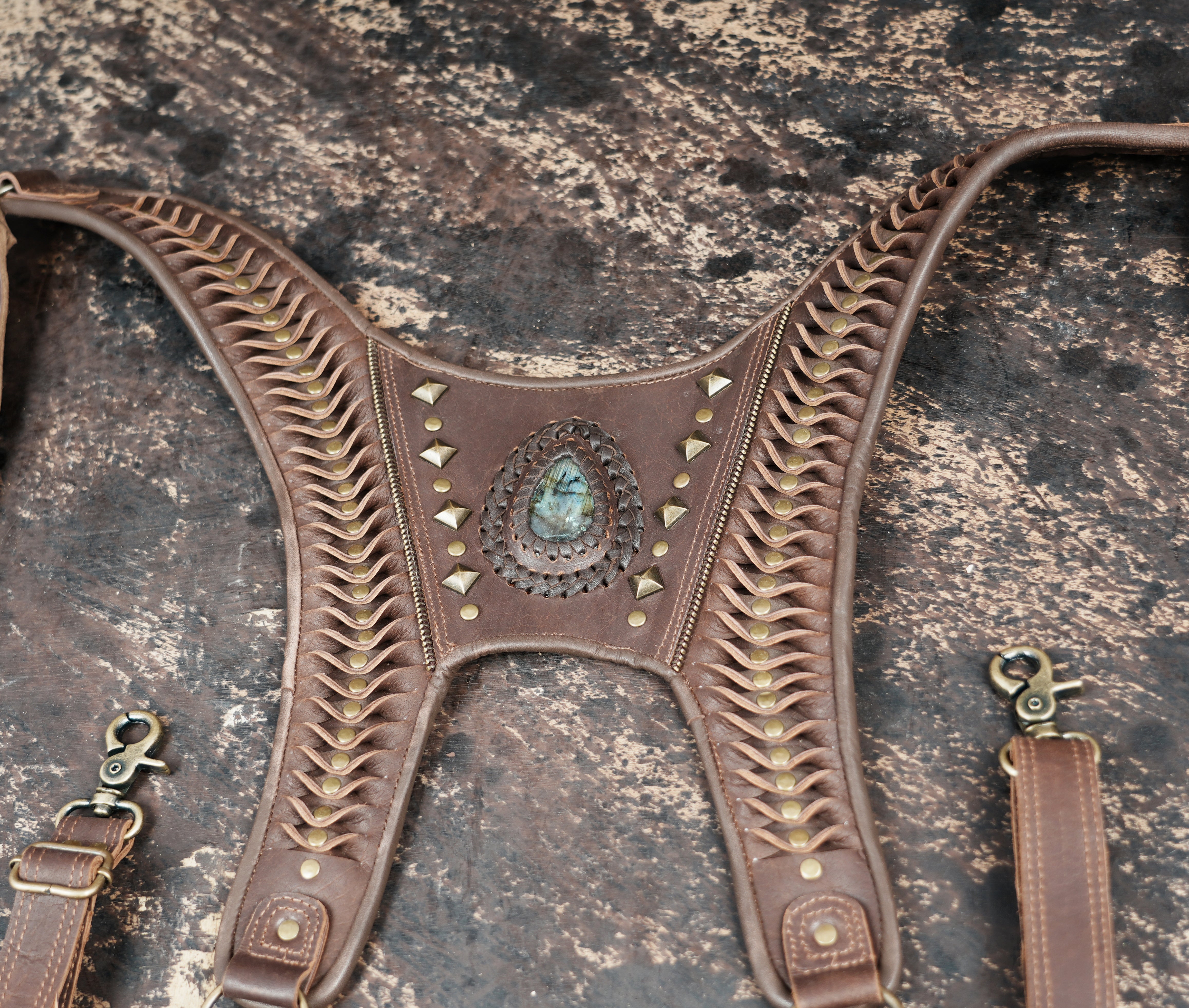 Handcrafted Leather Shoulder Holster with Dual Utility Pouches || Tribal Style Leather Shoulder Holster with Stone and Braided Detail (LT/AB/HLS/6158)