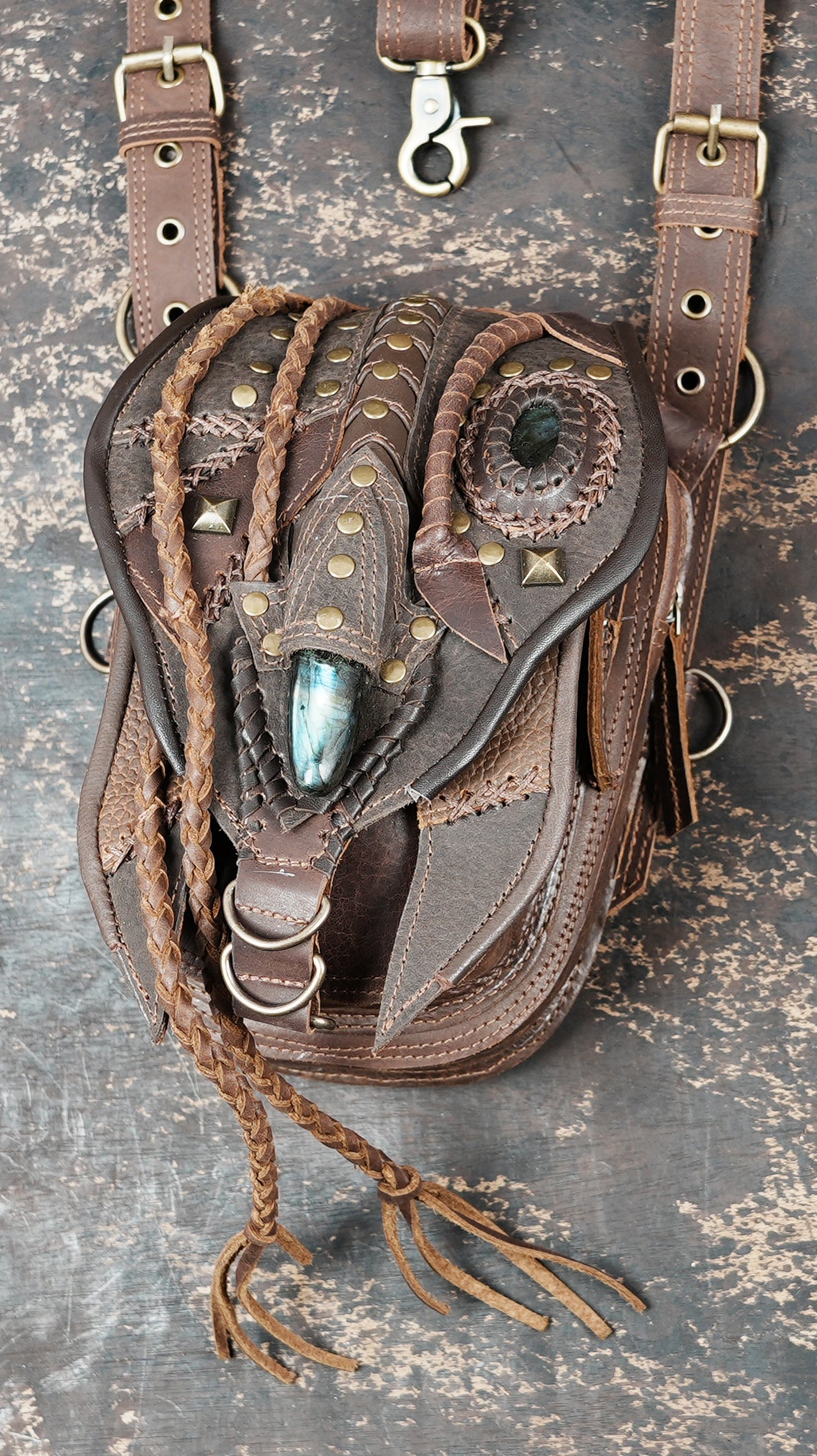 Handcrafted Leather Shoulder Holster with Dual Utility Pouches || Tribal Style Leather Shoulder Holster with Stone and Braided Detail (LT/AB/HLS/6158)
