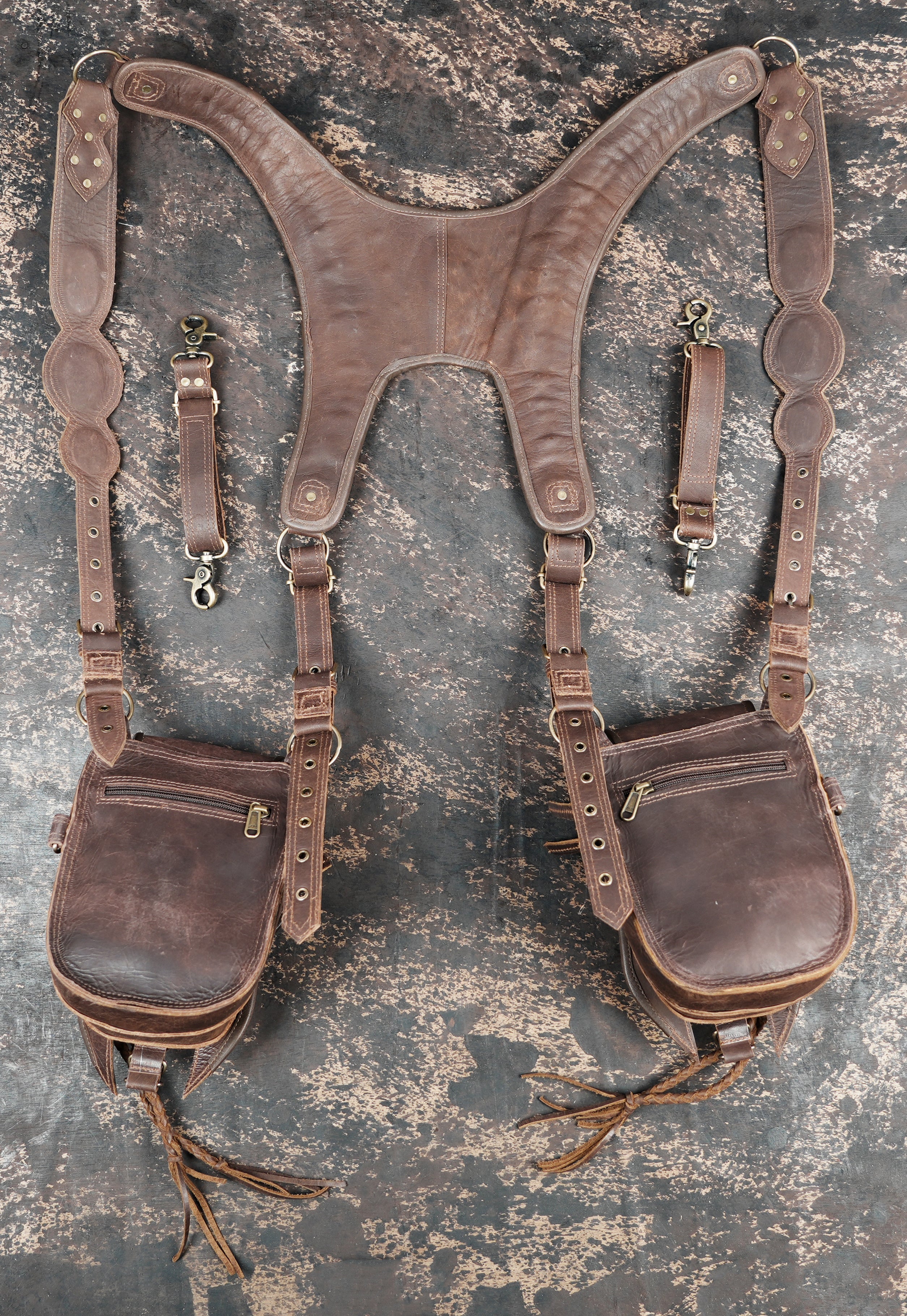 Handcrafted Leather Shoulder Holster with Dual Utility Pouches || Tribal Style Leather Shoulder Holster with Stone and Braided Detail (LT/AB/HLS/6158)