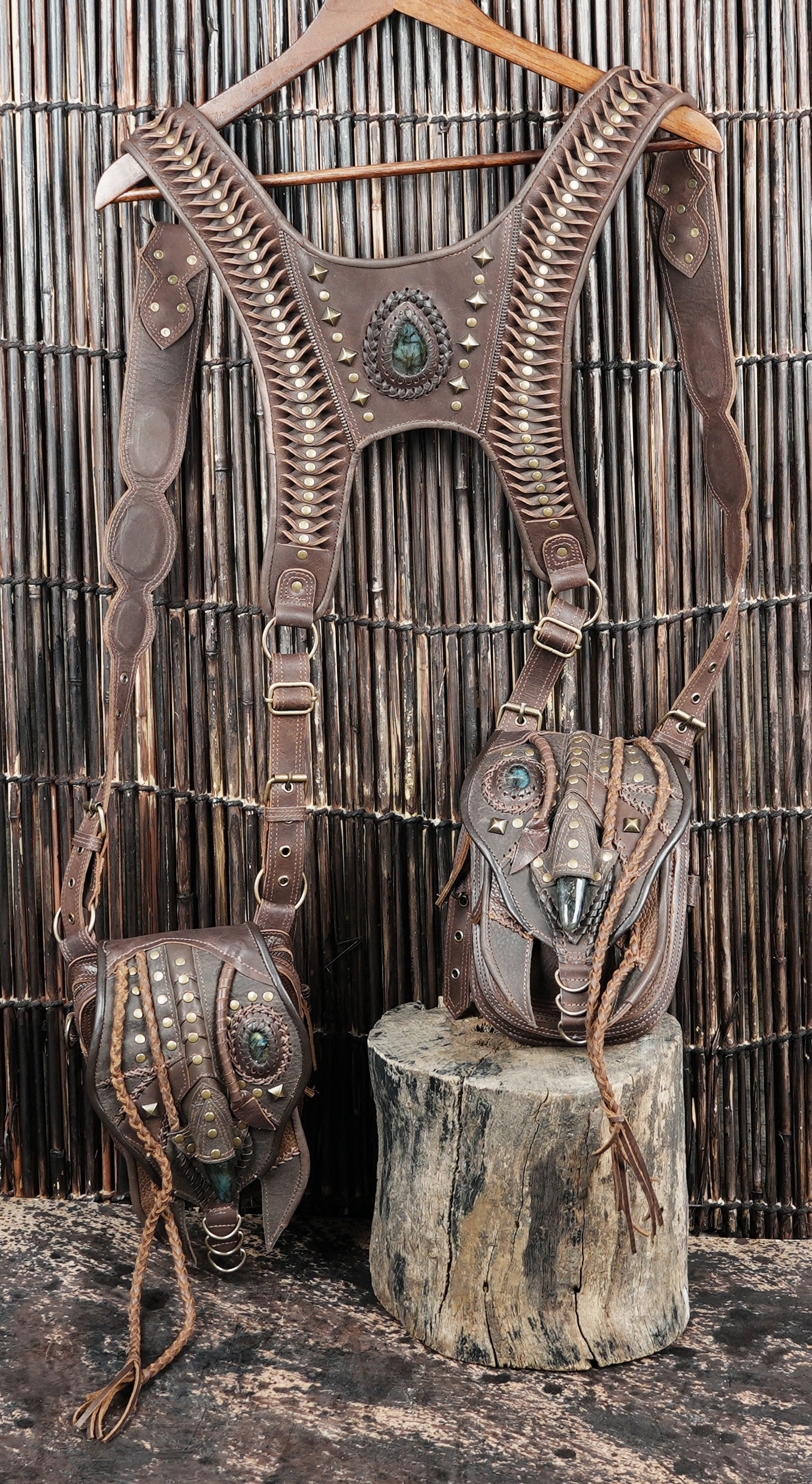 Handcrafted Leather Shoulder Holster with Dual Utility Pouches || Tribal Style Leather Shoulder Holster with Stone and Braided Detail (LT/AB/HLS/6158)