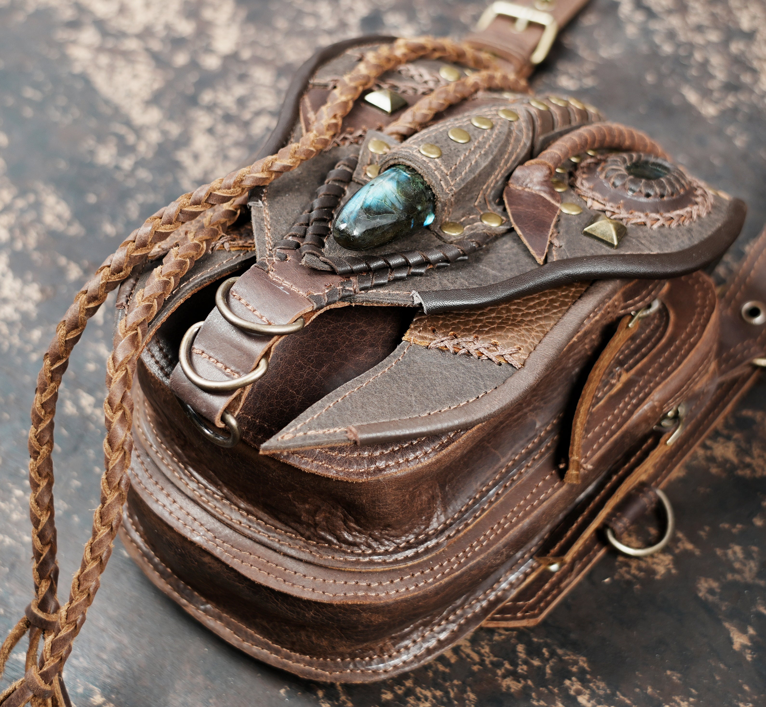 Handcrafted Leather Shoulder Holster with Dual Utility Pouches || Tribal Style Leather Shoulder Holster with Stone and Braided Detail (LT/AB/HLS/6158)
