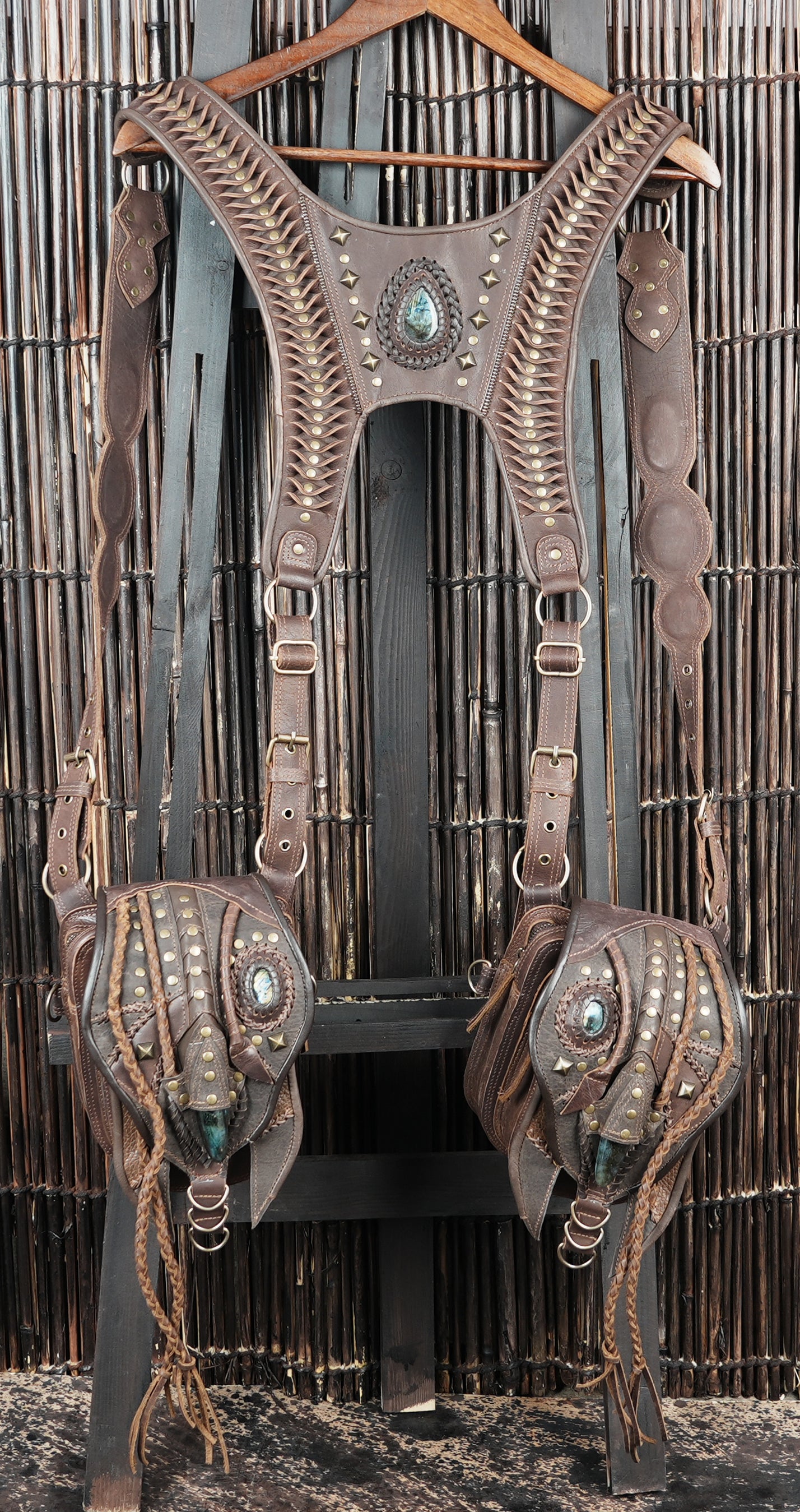 Handcrafted Leather Shoulder Holster with Dual Utility Pouches || Tribal Style Leather Shoulder Holster with Stone and Braided Detail (LT/AB/HLS/6158)
