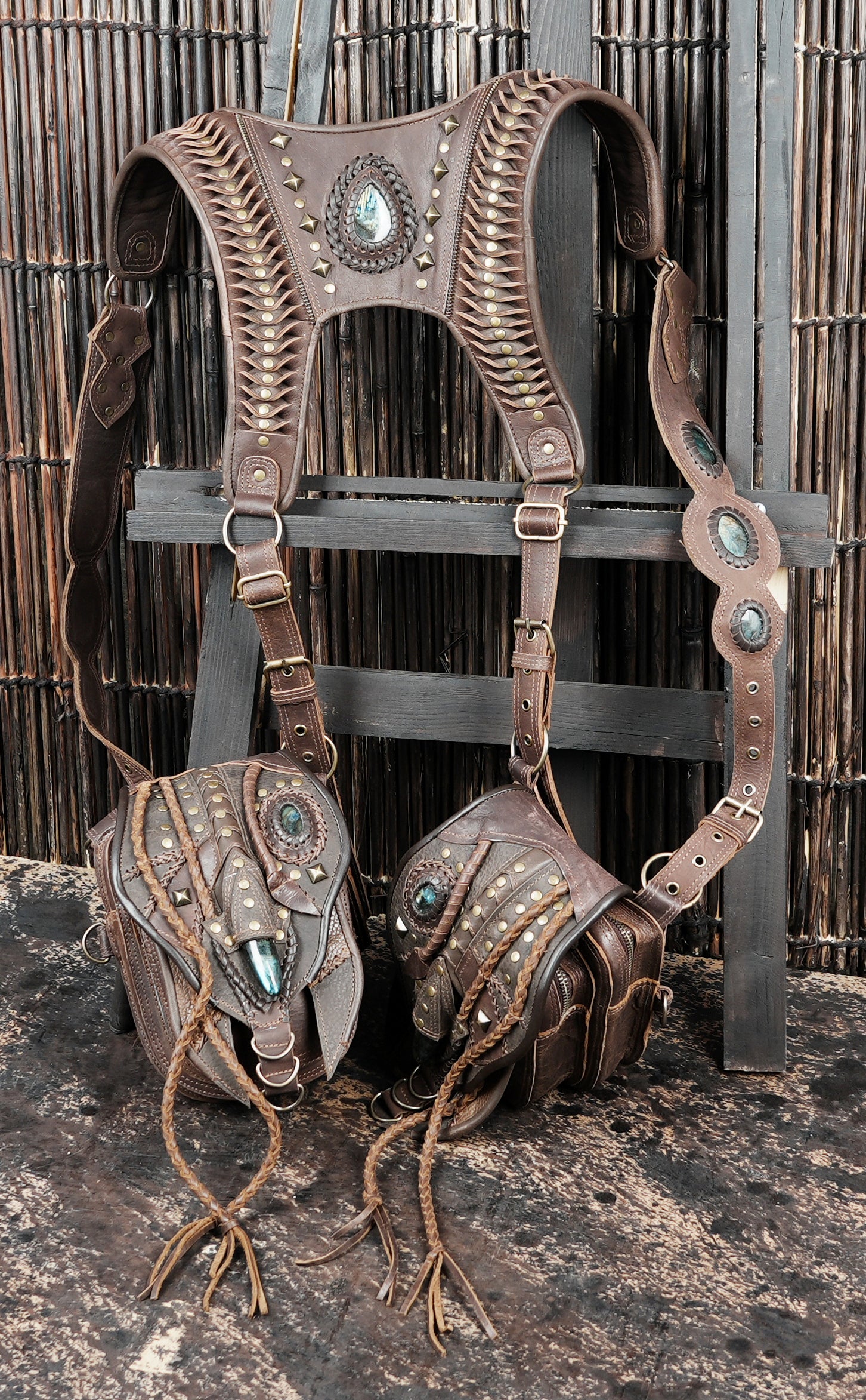 Handcrafted Leather Shoulder Holster with Dual Utility Pouches || Tribal Style Leather Shoulder Holster with Stone and Braided Detail (LT/AB/HLS/6158)