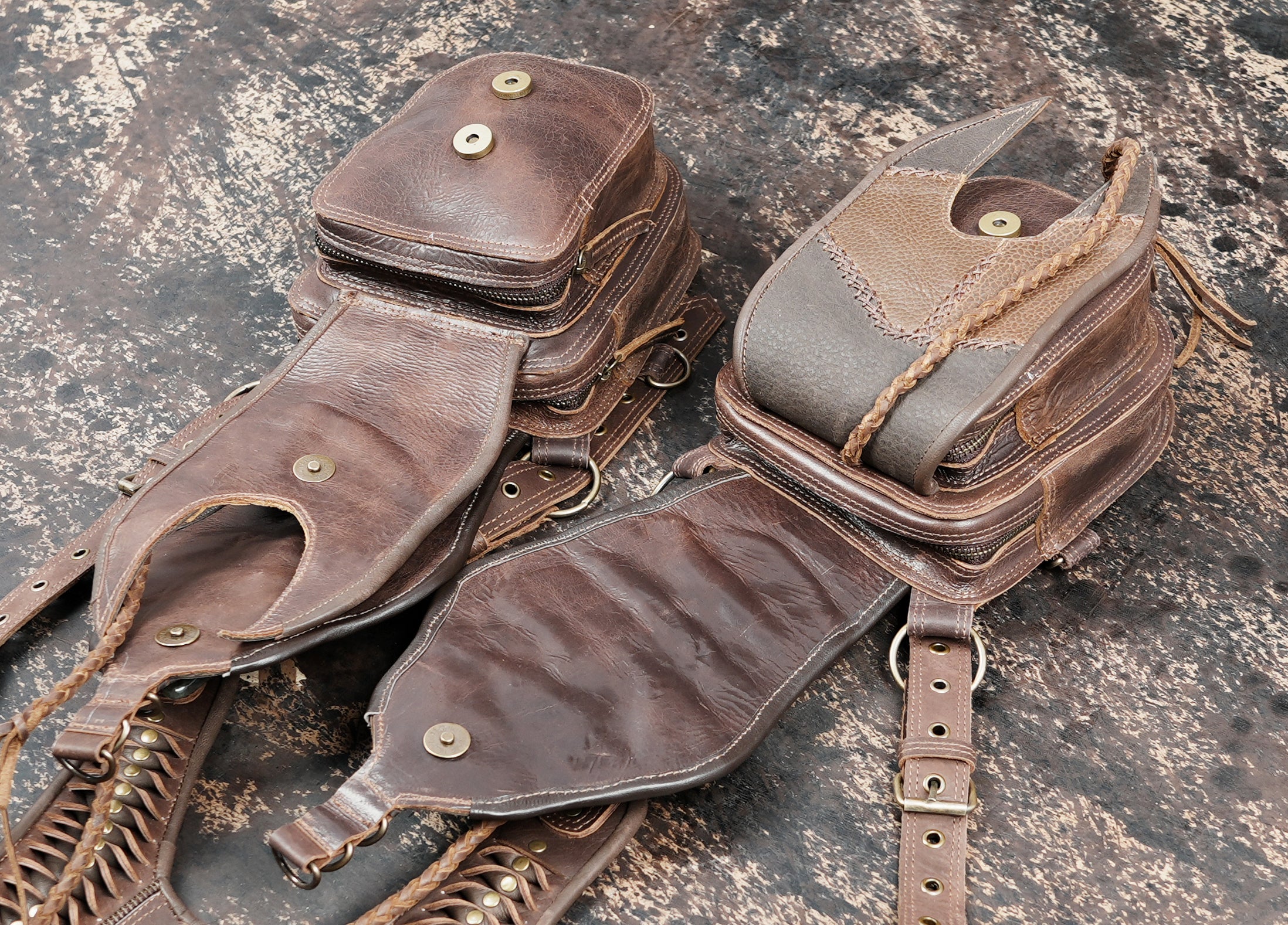 Handcrafted Leather Shoulder Holster with Dual Utility Pouches || Tribal Style Leather Shoulder Holster with Stone and Braided Detail (LT/AB/HLS/6158)