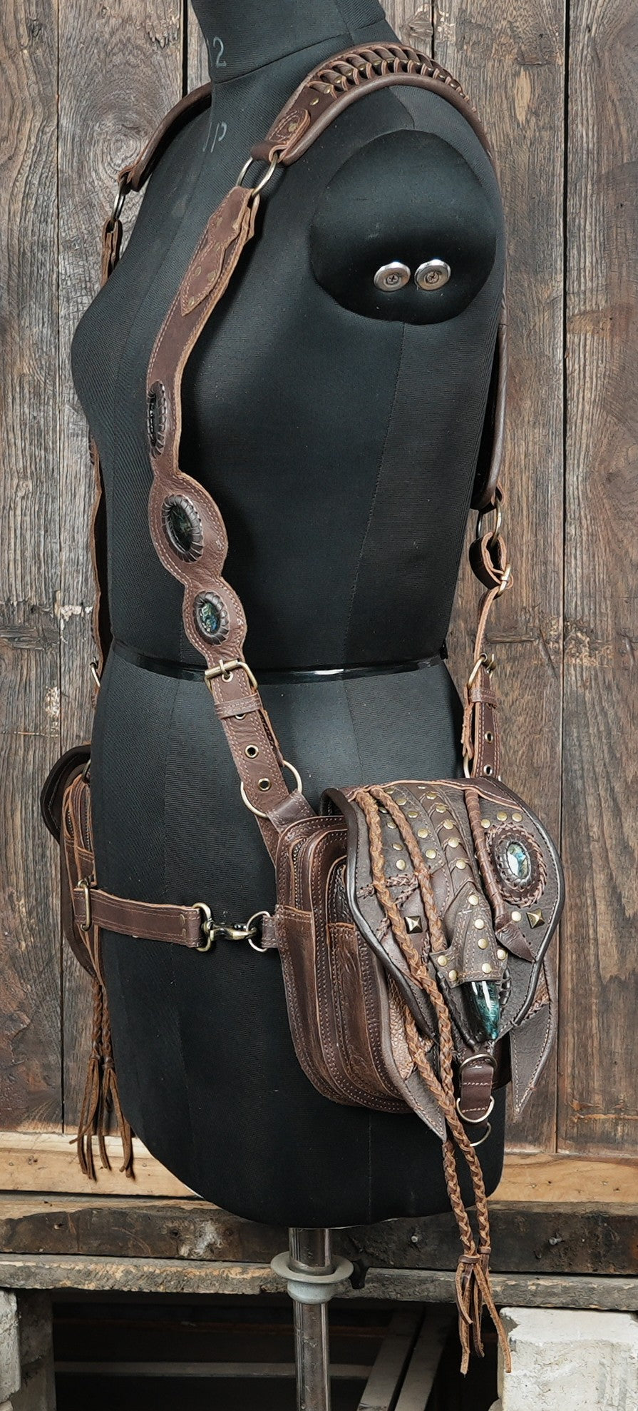 Handcrafted Leather Shoulder Holster with Dual Utility Pouches || Tribal Style Leather Shoulder Holster with Stone and Braided Detail (LT/AB/HLS/6158)
