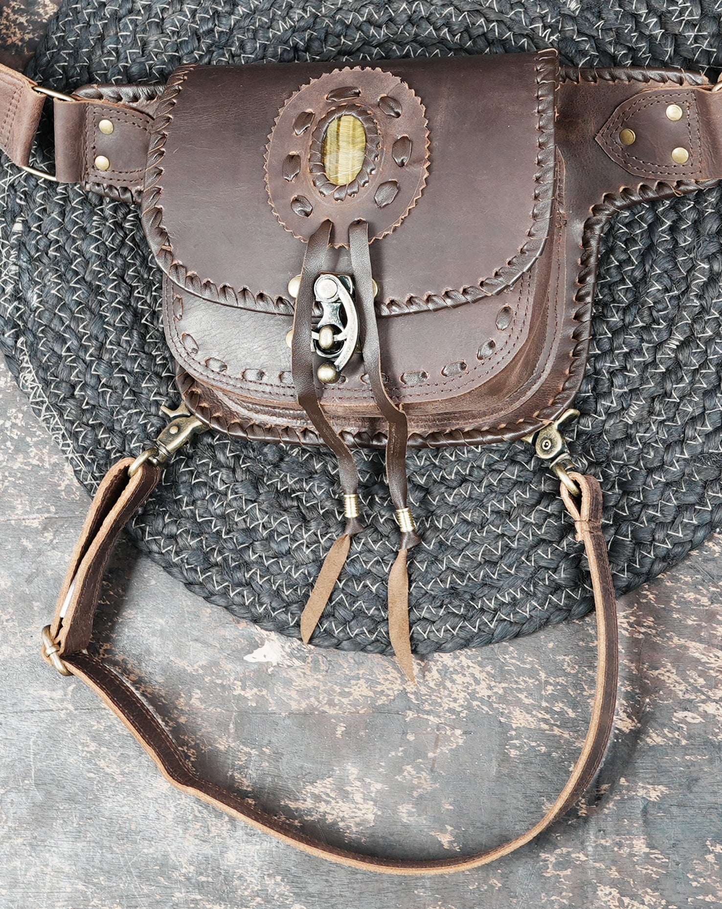 Handmade leather waist thigh belt with front pouch || Brown leather thigh belt bag with front flap pouch (LT/AB/WBTS/6045)