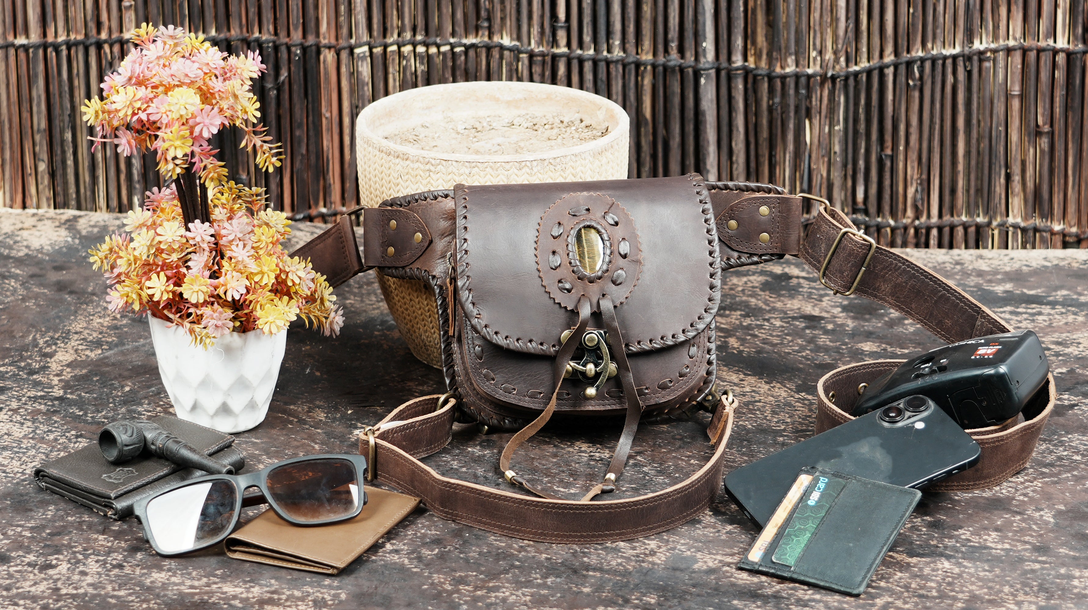 Handmade leather waist thigh belt with front pouch || Brown leather thigh belt bag with front flap pouch (LT/AB/WBTS/6045)