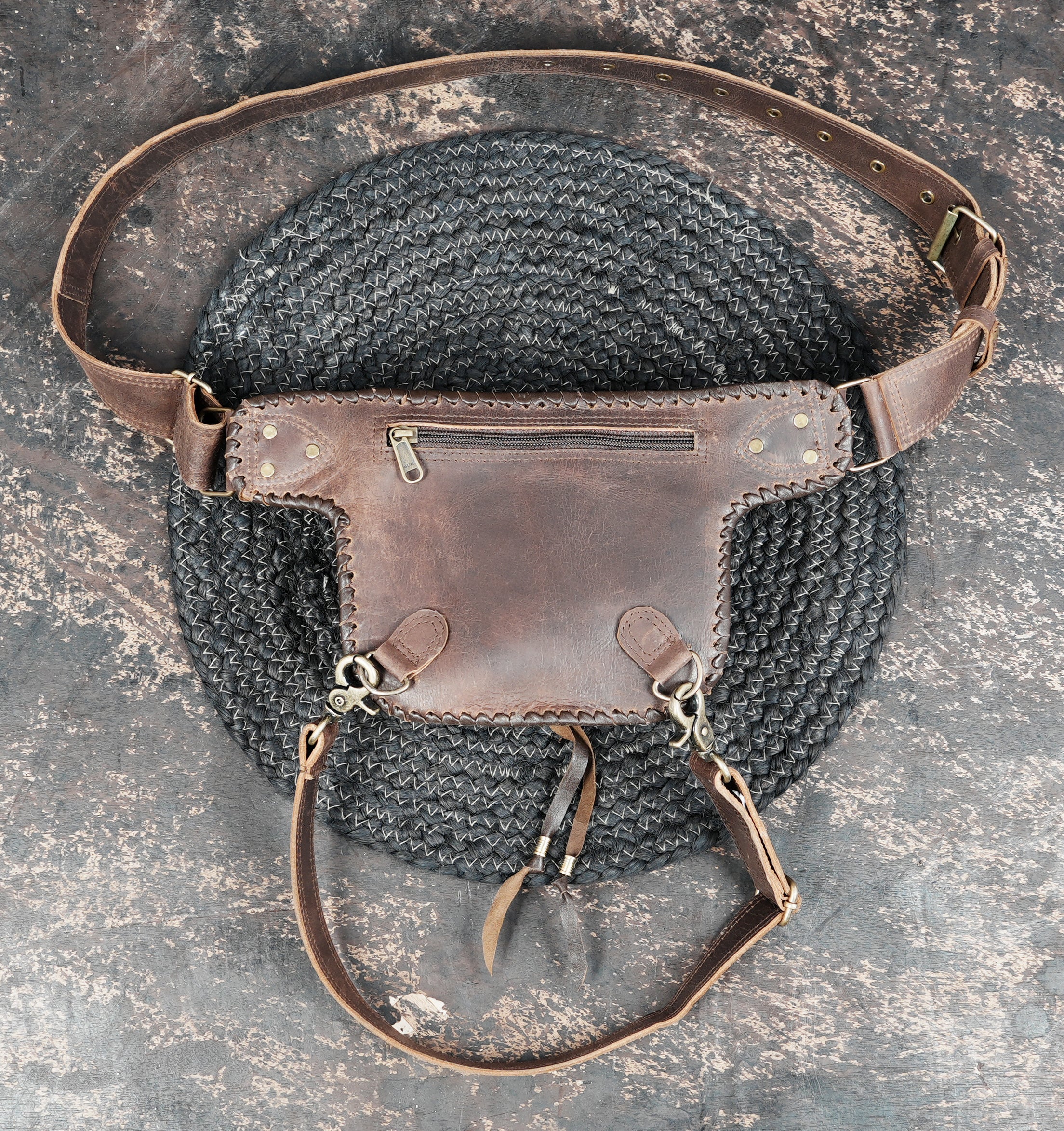 Handmade leather waist thigh belt with front pouch || Brown leather thigh belt bag with front flap pouch (LT/AB/WBTS/6045)