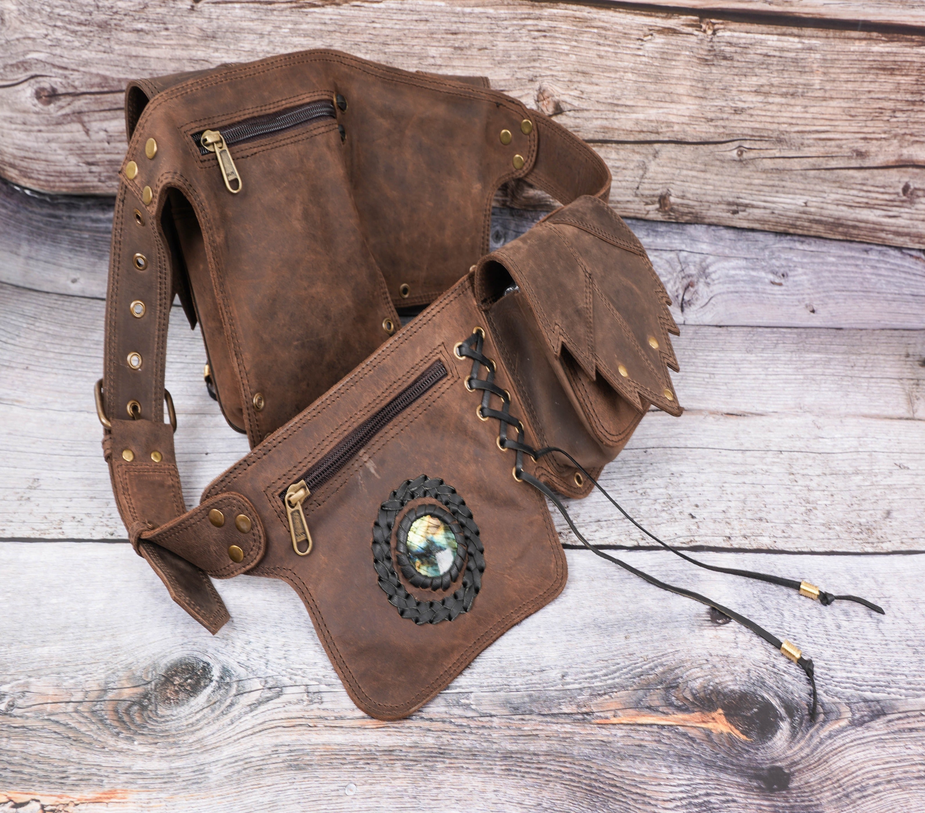 Handmade Light brown Leather Belt bag, 3 pocket leather hip bag - hippie belt bag with gemstone, Festival Fanny pack , Gift for her