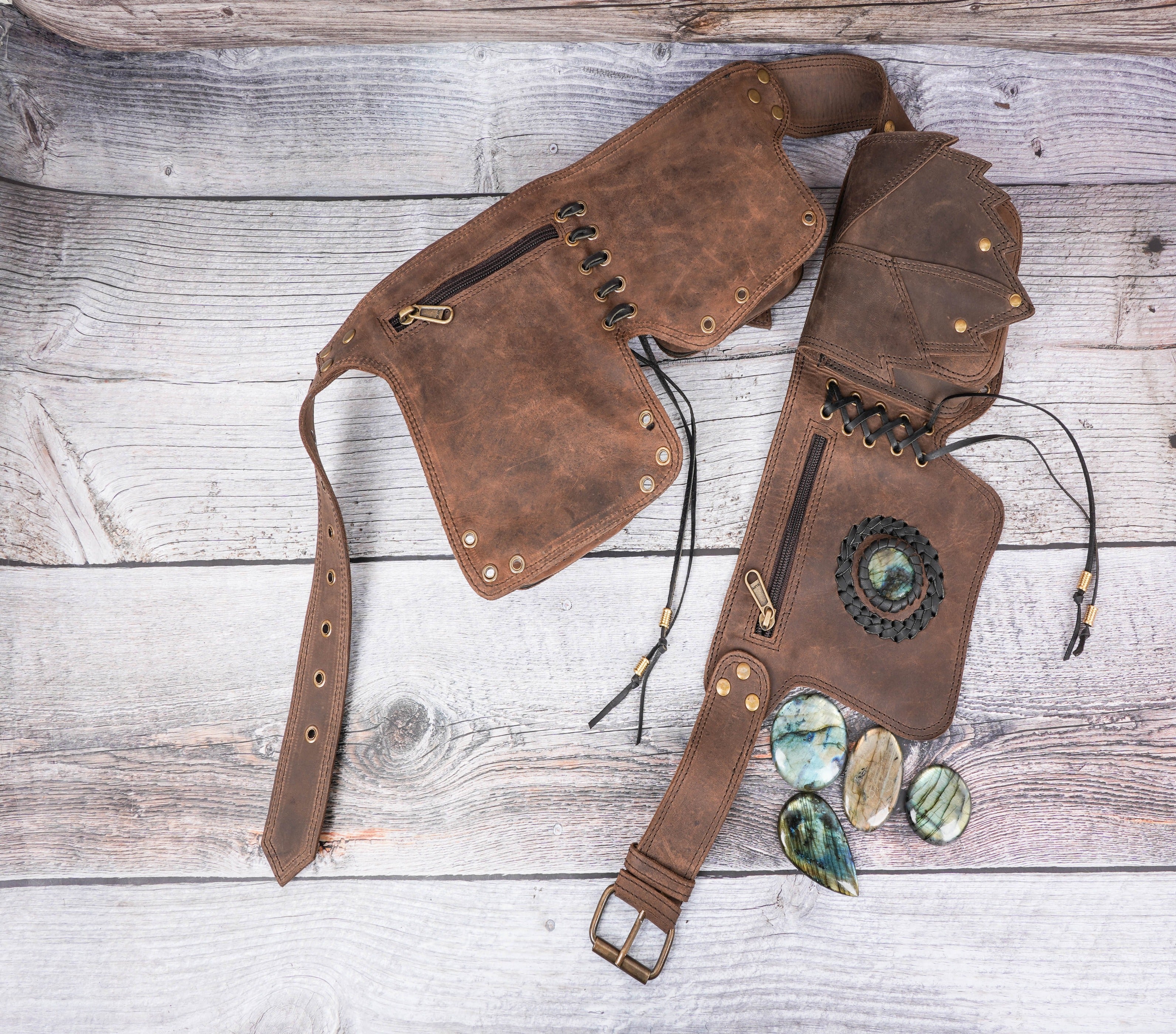 Handmade Light brown Leather Belt bag, 3 pocket leather hip bag - hippie belt bag with gemstone, Festival Fanny pack , Gift for her