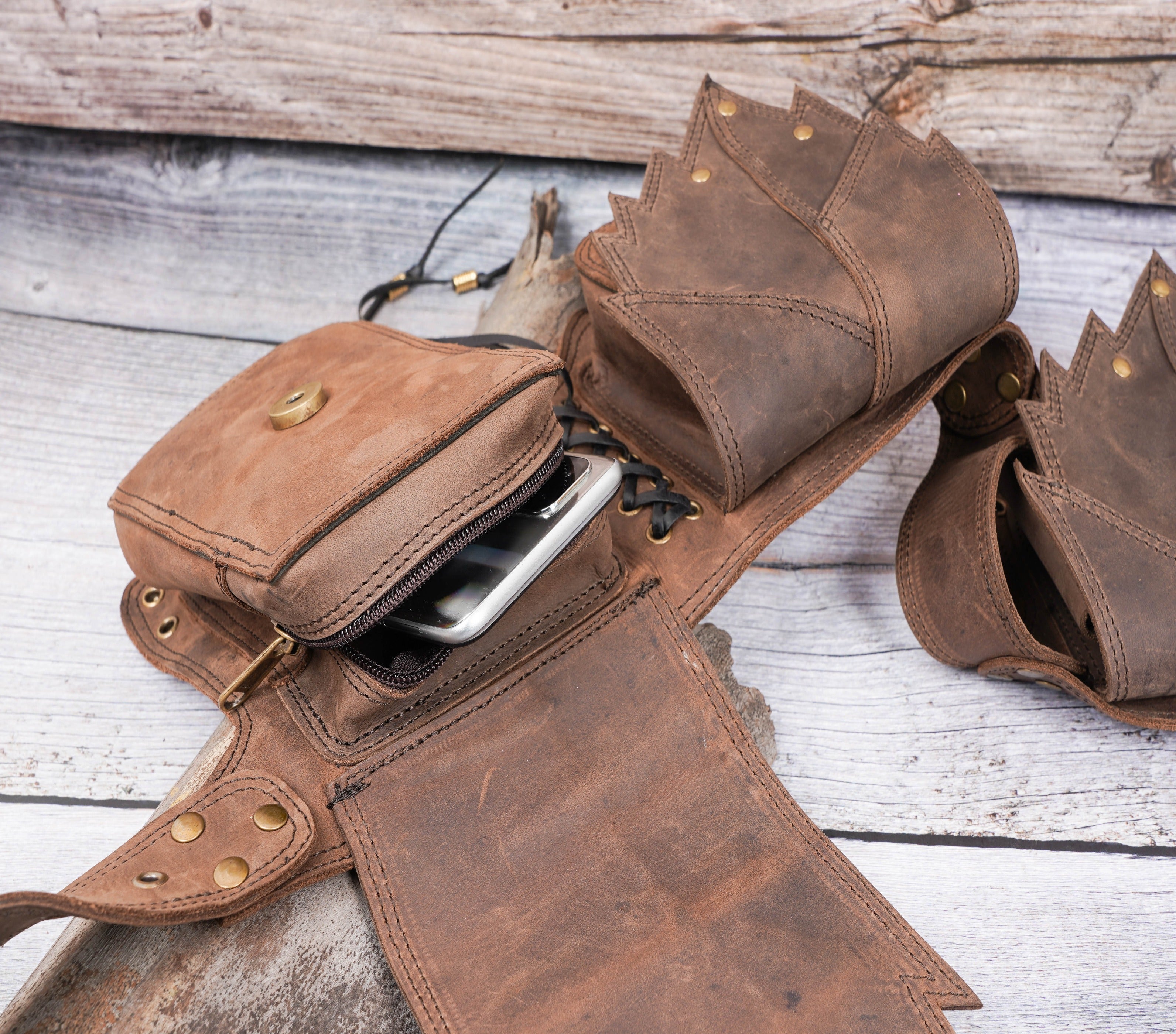 Handmade Light brown Leather Belt bag, 3 pocket leather hip bag - hippie belt bag with gemstone, Festival Fanny pack , Gift for her