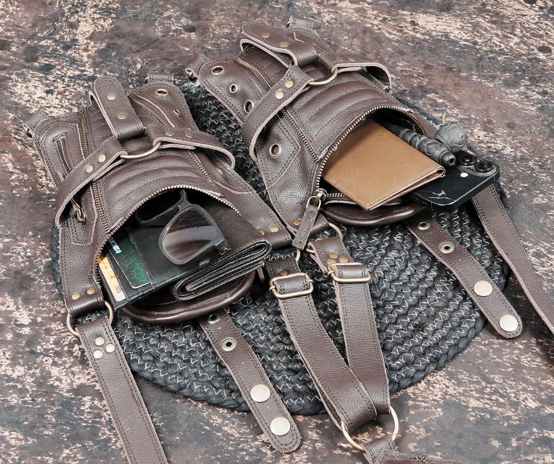 Handmade Leather Shoulder Holster with Dual Zipper Pouches || Handcrafted Leather Shoulder Holster with Metal Hardware (LT/AB/HLS/6124)
