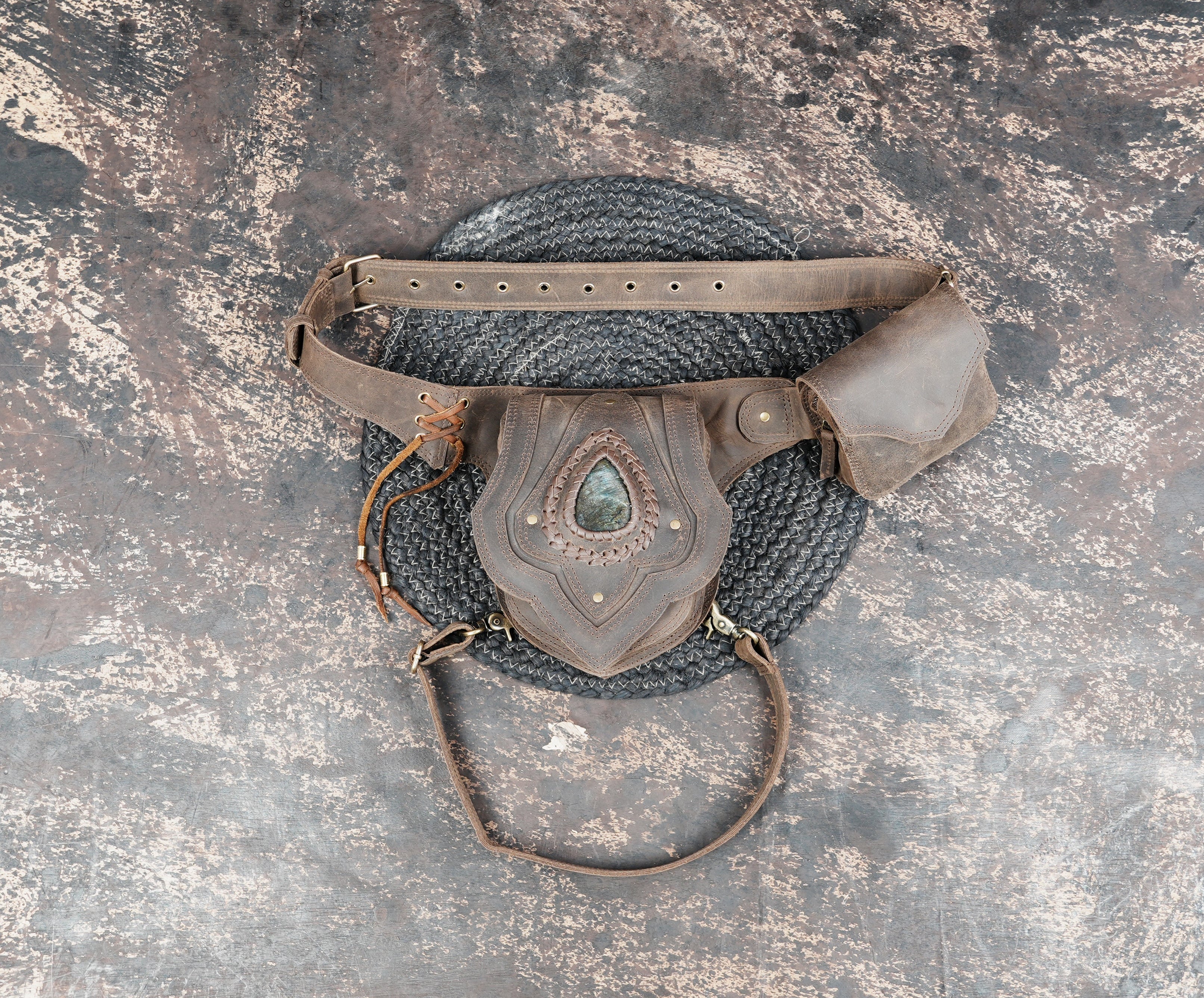 Brown leather waist thigh belt with gemstone detail and pouch