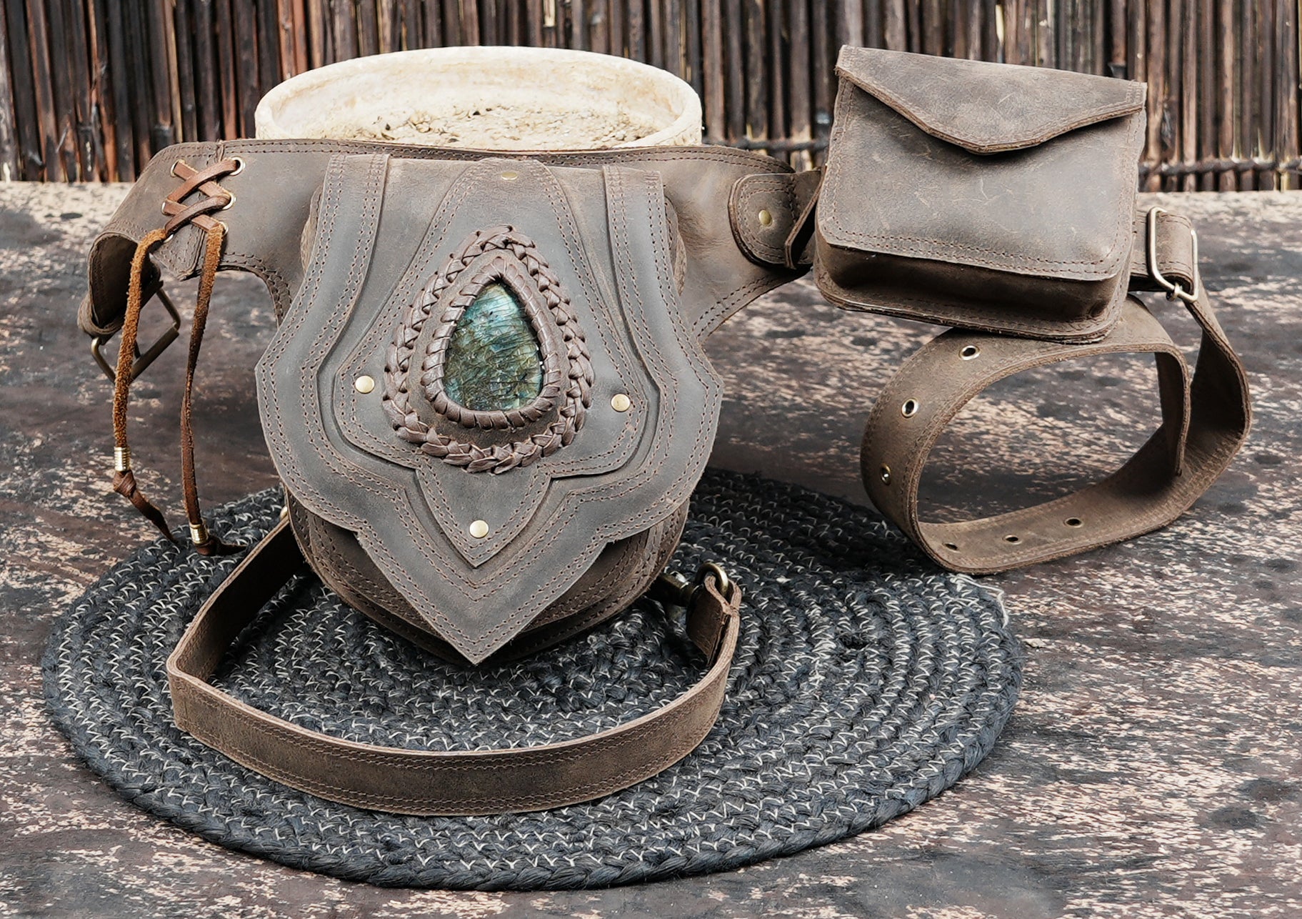 Tribal leather waist thigh belt with decorative stone centerpiece